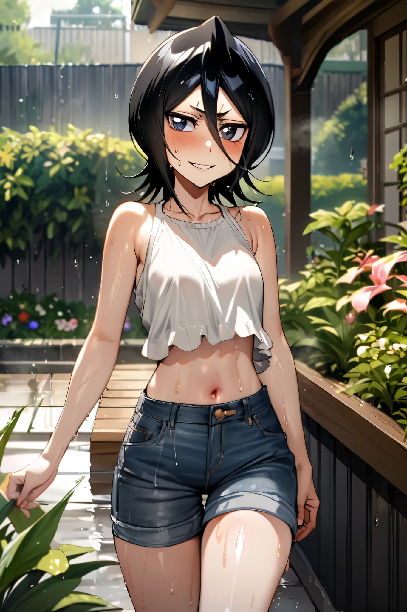 NSFW,masterpiece, top quality , high definition , very detailed, Kuchiki Rukia \(BLEACH\), short hair, black hair、 hair between eyes, Casual , crop top, Denim Shorts,blush,smile,sweat,garden,It's falling after the rain, wet