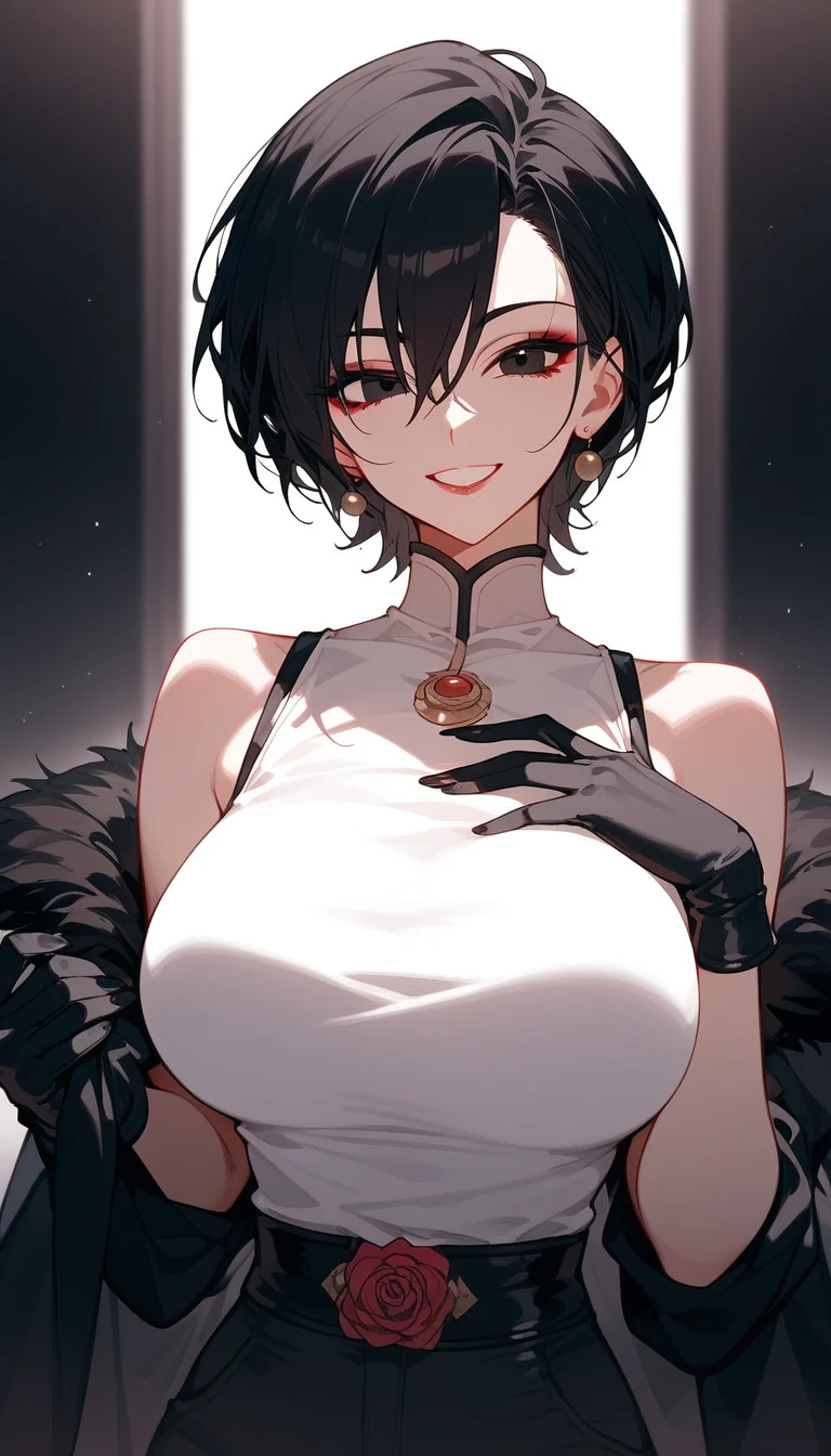 girl,Short hair,milf, in black eyes,Black hair,Dark circles under the eyes, Big Bust, Sleeveless Top,Long sleeve , without pants,Tall,smile,Villains, dark edges,beautiful,There is chewing, Black Glove ,smileน่ากลัว