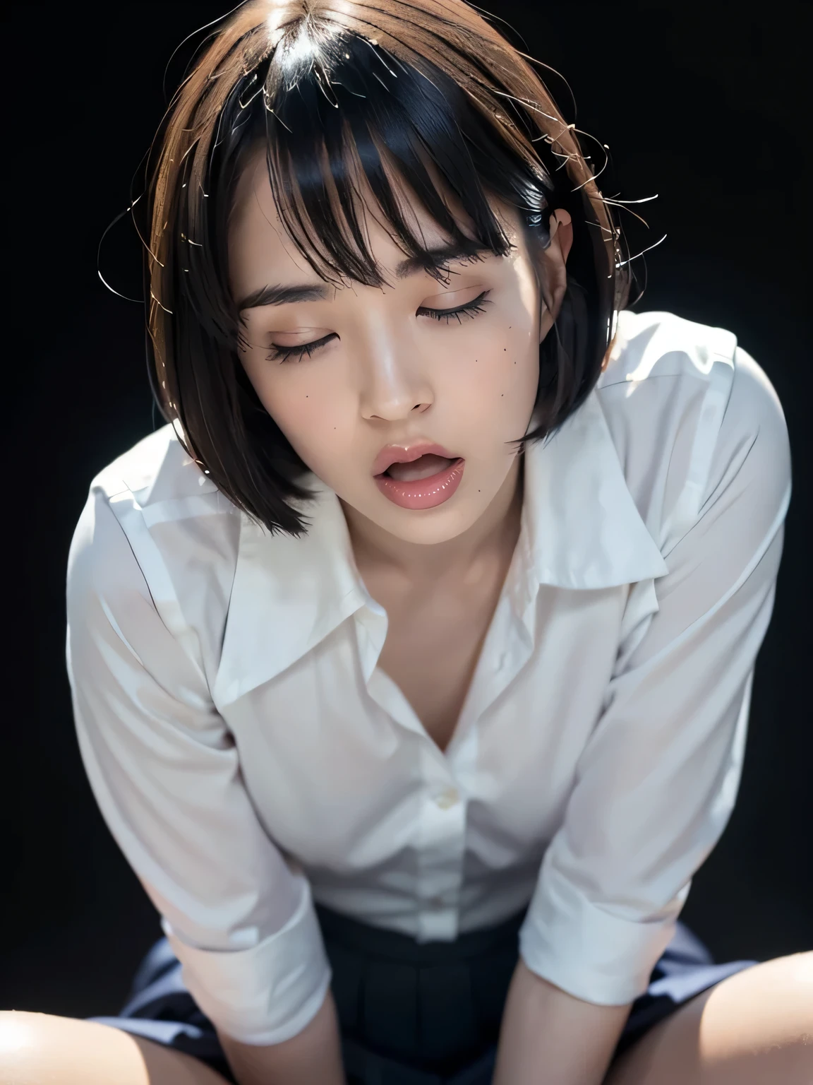 (close eyes:1.5),(masterpiece:1.2), (highest quality), (visible all over:1.3) ,(Super detailed), (8K, Complex), (lens 135mm,F1.8), (realistic)(black background:1.3), portrait photography, side lighting,edge lights up,best shadow,Area light source,perfect anatomy,perfect face shape,perfect for women,finest female body,improves skin texture,fine cloth pattern,Precise beauty,delicate and delicate skin,highly detailed skin,pale skin,delicate hair,glowing skin,Highly detailed face and skin texture, shiny skin, vivid details, supe realistic, Fine and beautiful skin, 1 female, , japanese woman, (natural lerge breast), ((bob hair, short hair, straight hair, bangs:1.3)),perverted woman, (school uniform, white blouse, Navy blue Pleated Skirt, red bow, nipple), (((Cowgirl))), A buttoned-up shirt flaps), (((frown、open your mouth、narrow your eyes))), (((from below:1.5, looking at the viewer:1.3, close up))), Female dog, NSFW, wet hair, wet face