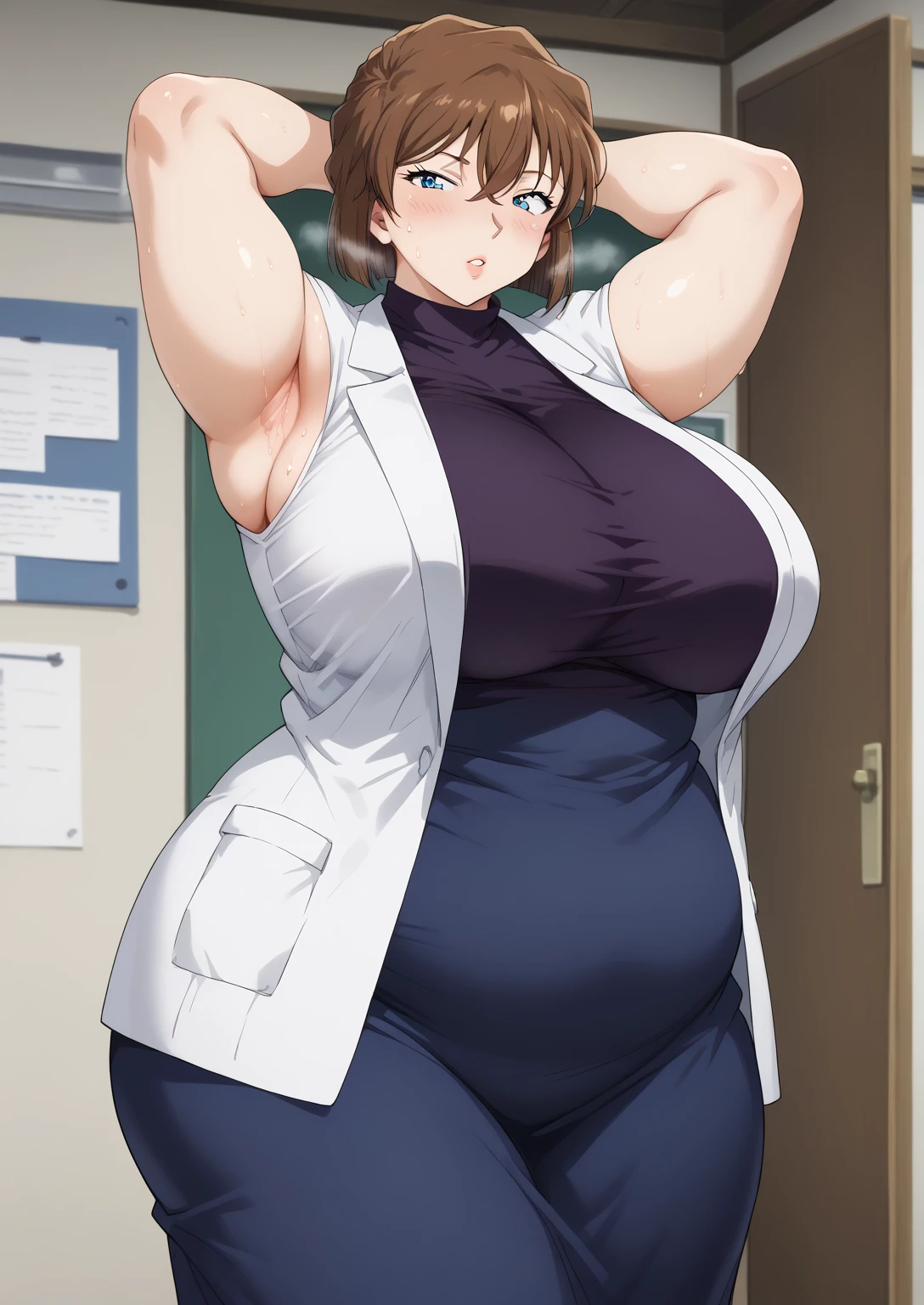 Shiho Miyano, Miyano Shiho, short hair,Brown Hair, blue eyes,hair between eyes,lab coat, Mulberry dress, long sleeve dress, mini skirt dress, score_9,   score_8_ up,   score_7_ up,   score_6_ up,   score_5_ up,   score_4_ up,     masterpiece   ,   top quality,     very aesthetic  ,    absurd,    source_Anime, Anime screencap,    one woman , Alone,   personal   ,  Super huge breasts, (((S uper huge クレビス, Super huge , Super huge boob))), Curvy,   in her 20s,  Mature Woman,   obese , ,  troubled expression,   I'm sweating a lot,A woman with body odor , Body odor, The armpit area is stained with sweat, A woman with smelly armpits 