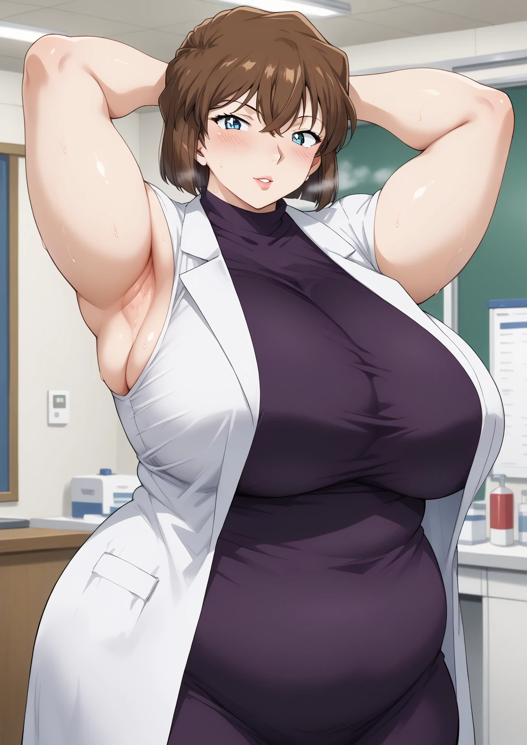 Shiho Miyano, Miyano Shiho, short hair,Brown Hair, blue eyes,hair between eyes,lab coat, Mulberry dress, long sleeve dress, mini skirt dress, score_9,   score_8_ up,   score_7_ up,   score_6_ up,   score_5_ up,   score_4_ up,     masterpiece   ,   top quality,     very aesthetic  ,    absurd,    source_Anime, Anime screencap,    one woman , Alone,   personal   ,  Super huge breasts, (((S uper huge クレビス, Super huge , Super huge boob))), Curvy,   in her 20s,  Mature Woman,   obese , ,  troubled expression,   I'm sweating a lot,A woman with body odor , Body odor, The armpit area is stained with sweat, A woman with smelly armpits 