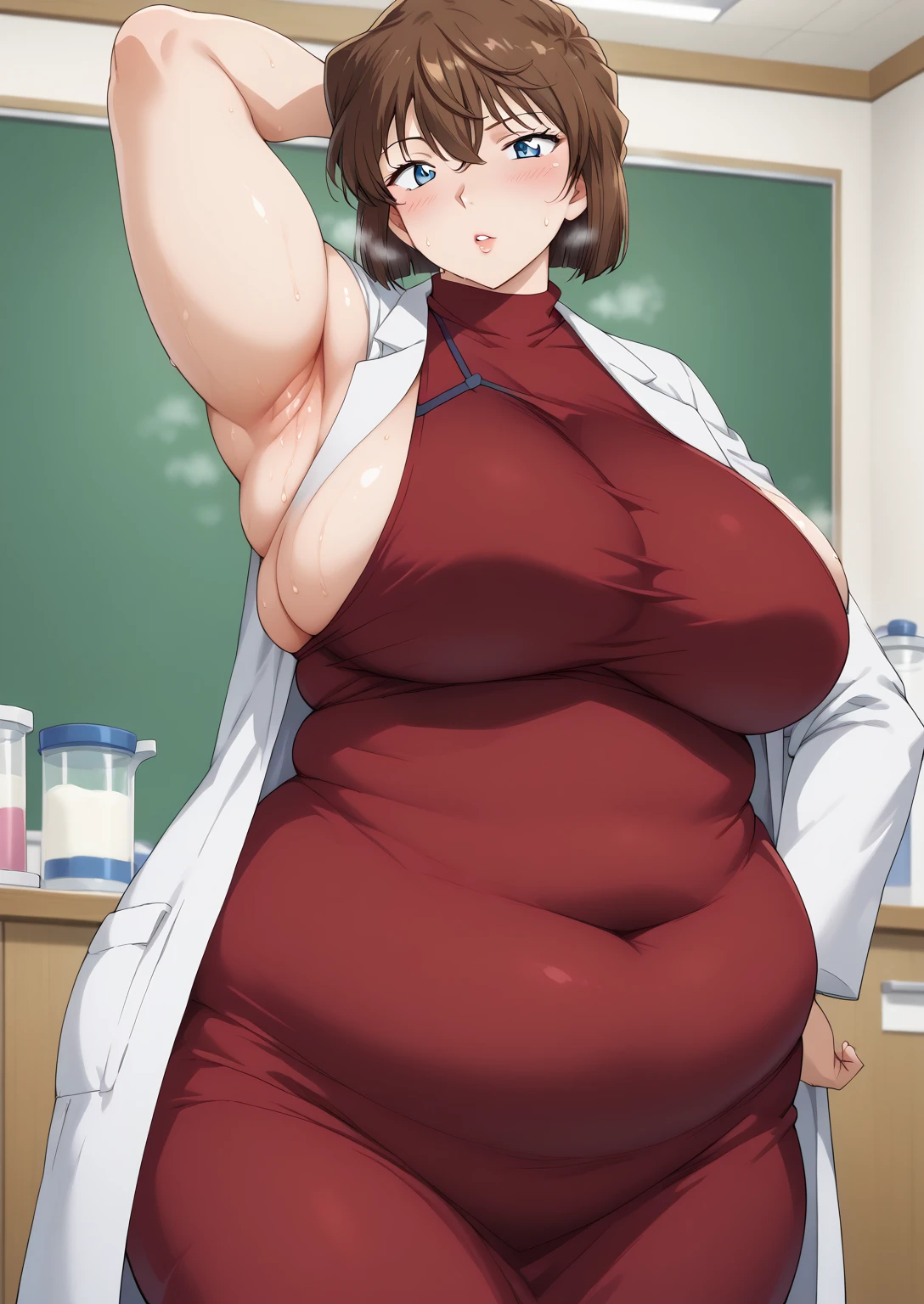 Shiho Miyano, Miyano Shiho, short hair,Brown Hair, blue eyes,hair between eyes,lab coat, Mulberry dress, long sleeve dress, mini skirt dress, score_9,   score_8_ up,   score_7_ up,   score_6_ up,   score_5_ up,   score_4_ up,     masterpiece   ,   top quality,     very aesthetic  ,    absurd,    source_Anime, Anime screencap,    one woman , Alone,   personal   ,  Super huge breasts, (((S uper huge クレビス, Super huge , Super huge boob))), Curvy,   in her 20s,  Mature Woman,   obese , ,  troubled expression,   I'm sweating a lot,A woman with body odor , Body odor, The armpit area is stained with sweat, A woman with smelly armpits 