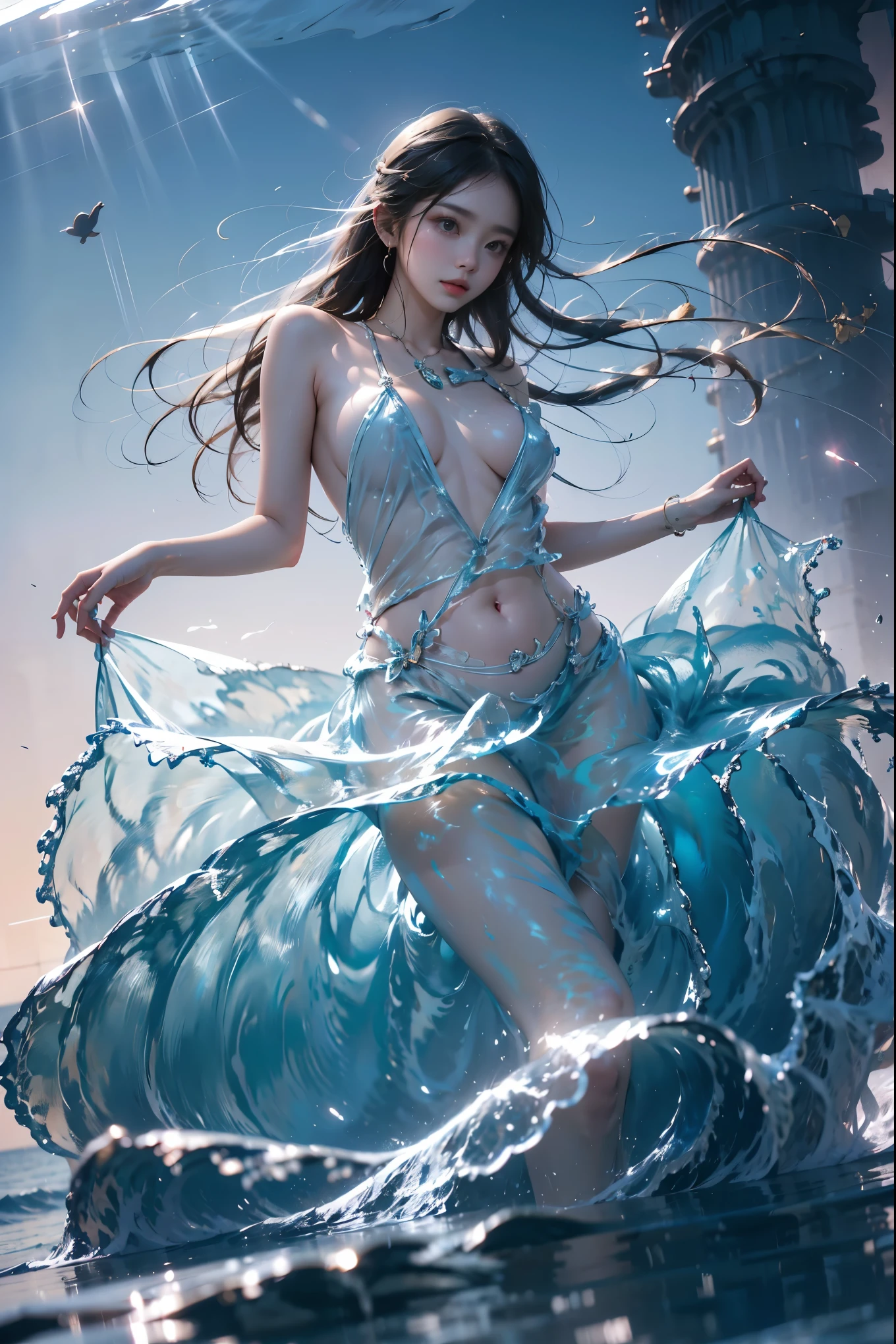 A breathtakingly serene image captures a woman submerged in crystal-c lear water, enchantingly surrounded by delicate, floating flowers. The girl's ethereal presence emanates tranquility, her graceful form buoyantly gliding amidst the water's embrace. The captivating scene, showcases vibrant hues and meticulous attention to detail, enhancing the captivating beauty of this mesmerizing sight. Impeccably crafted, this transports viewers to a world of peaceful serenity where nature and innocence harmoniously coexist.