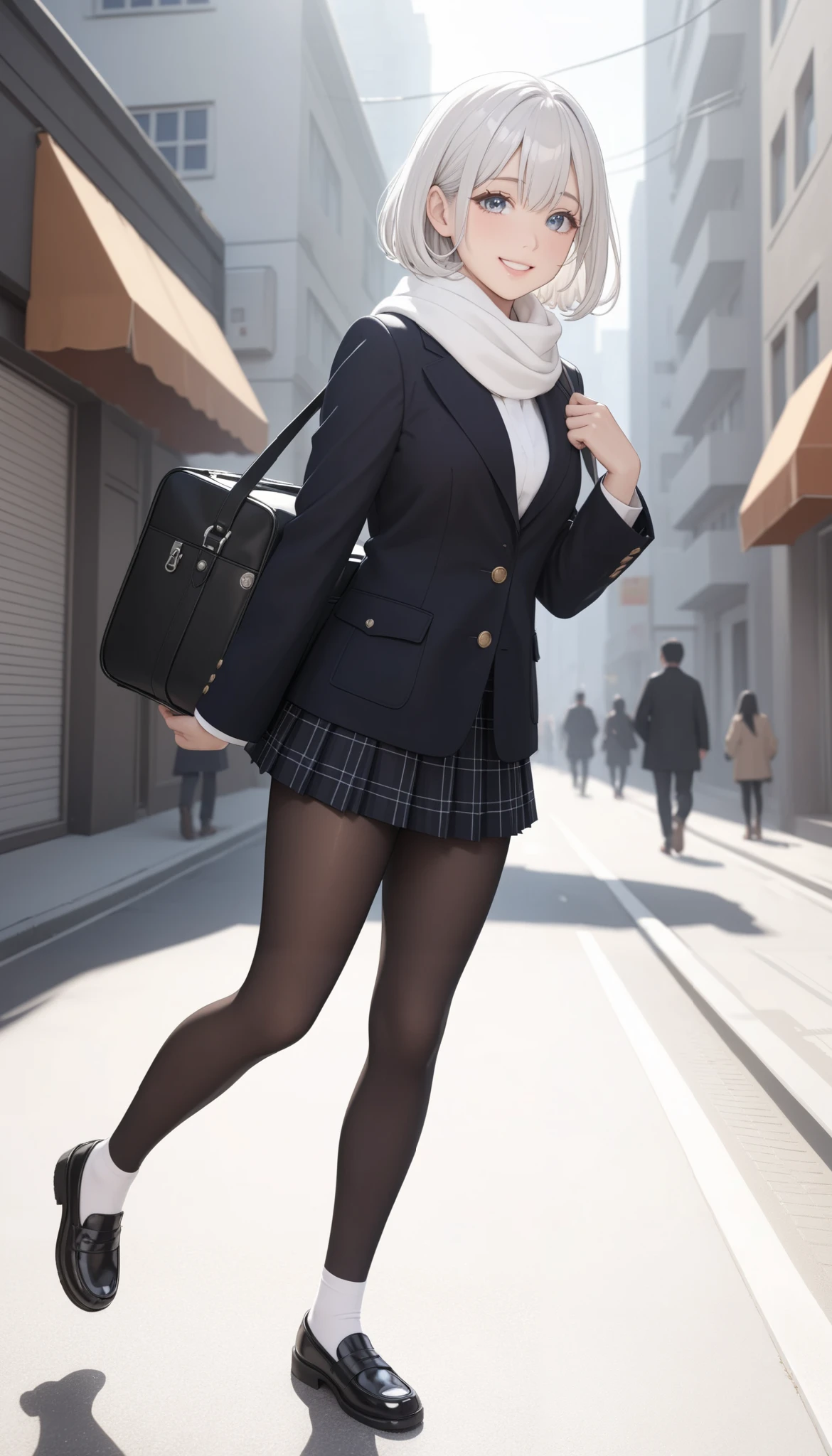 1 Japanese girl, ((shiny silver hair)), bob cut, bang between eyes, beautiful hair), (glossy silver eyes:1.5), (beautiful eyes, twinkle eyes, large eyes), (athlete body, large breasts), cute face, beautiful face, pretty face, beautiful, good anatomy, long eyelashes, expressive eyes, Perfect Hands, happy, smile, glossy lips, (close mouth:1.2), perfecteyes, BREAK 1girl, (dark-navy theme:1.3), (Wear a dark-navy duffel coat over school uniform and exposed only skirt-hem:1.4), (black and white plaid-pattern pleated skirt:1.1), ((dark-brown pantyhose, loafers):1.2), BREAK (white theme:1.3), (plaid-pattern knitted fluffy white scarf:1.4),mini skirt, white socks, loafers, holding a black school bag, BREAK 1girl, morning, sunny, daylight, city, street, (walking street:1.5), laugh, happy, BREAK Sketch, UHD, retina, masterpiece, high details, high quality, super detail, best quality, 4K, 8k, cute, beautiful, full body detailed, 32K, high details, perfect lighting, perfect anatomy, sharp outline, high definition, extreme illustration, ambient lights, soft light, she has an anatomically correct structure and has five fingers on each of her right hand and left hand,