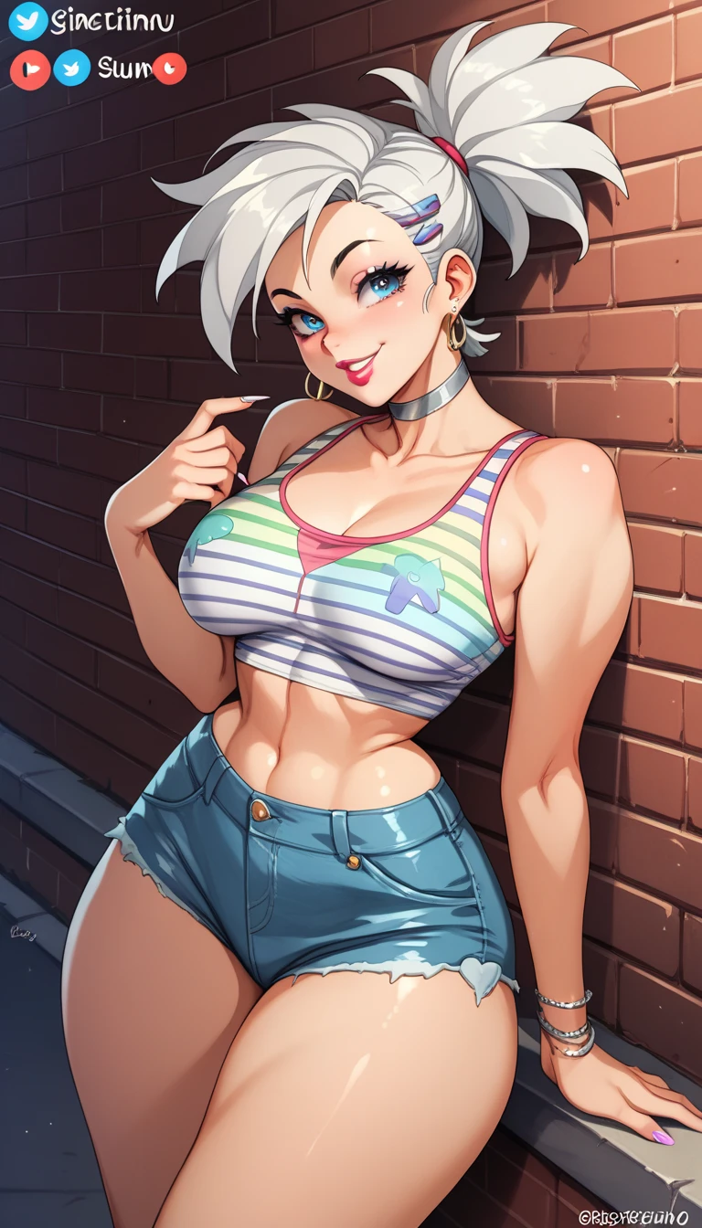 
frankie foster,  white hair, ( colorful striped tank top shirt  +    very short and tight low waist denim shorts),   silver leather choker   , lipstick,    exposed legs   ,  thick thighs  ,     be shiny and oily  ,focus only,   half-open eyes  ,   smiling,    posing for Instagram  , in the street (Um beco, brick walls ,Graphite,Urban,), Face vibrant colors .