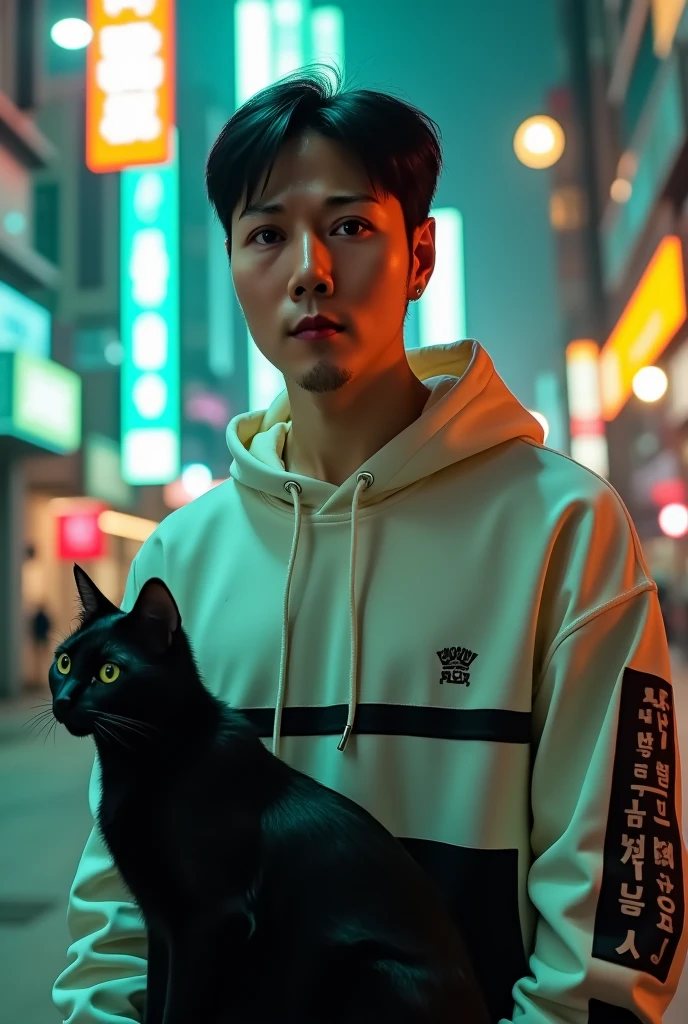 A korean youth, his face fully revealed, stands confidently amidst the cybernetic cityscape. Adorned in a white and black hoodie, he exudes a sense of urban style and intrigue. Soft orange and green lights gently illuminate the scene, accentuating his features and the details of the surroundings. Alongside him, a sleek black cat adds to the enigmatic atmosphere of the evening.