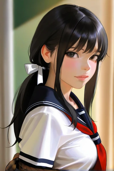 Ordinary boobs,Pretty Face,A sword in a sheath,Black hair,Long hair tied up,School Uniform,Make it cuter,realistic,Hoodoo on top