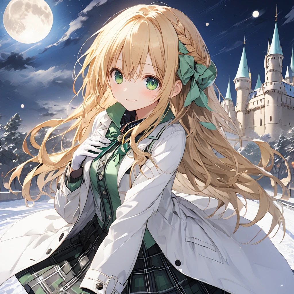 ( 1 girl), Green \(Neptunia )\,heterrochromia ,green eye,red eye,blonde hair,  long hair, french braid,(smile:1.5)、blush, (long sidelocks:1.5), ,( small tits:1.5),( white overcoat :1.5)、( white button shirt:1.5),( black plaid mini skirt:1.5),(white thigh high :1.5)、gloves、,snow,night、moon、European castle promenade、front、(whole body:1.5)、( perfect anatomy ),( best quality), ( ultra hi-res), (超 high definition ), ( Highly Detailed CG), (32K), (masterpiece)、eyesHD