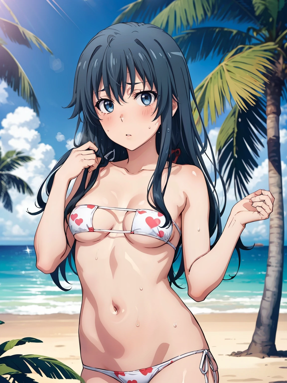 (( top quality ,  high definition ,   Perfect Pixel,  4K)),  (Beautiful anime),  is written by、
 watching viewers , 
 perfect body, 

 yukinoshita yukino ,  small tits、


white bikini, Groin、one-heart print bikini, 
Groin、

(blush、sweat:1.3)、

 Watch viewers, 

 Beach 、 palm trees、
summer、sunlight、