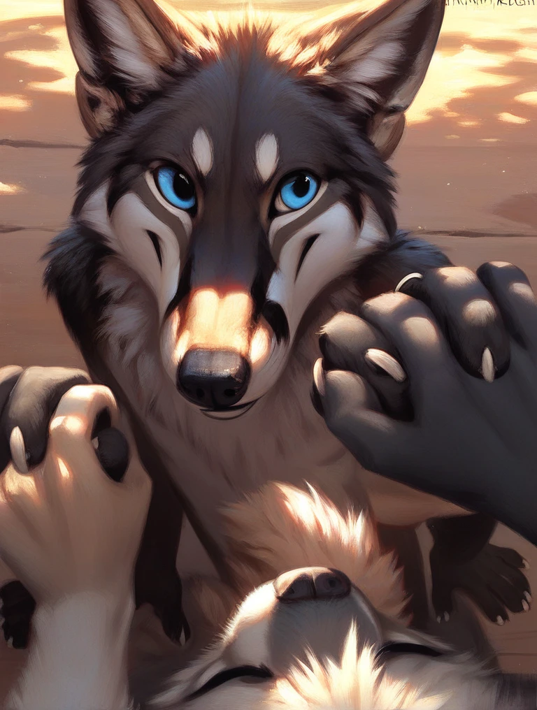 score_9, score_8_up, score_7_up, source_furry, rating_safe, by kenket, anthro, duo, male/male, wolf, black body, blue eyes, fox, white body, doggy style, on back, face to face, holding hands, legs, determination, amusement, fullbody portrait
