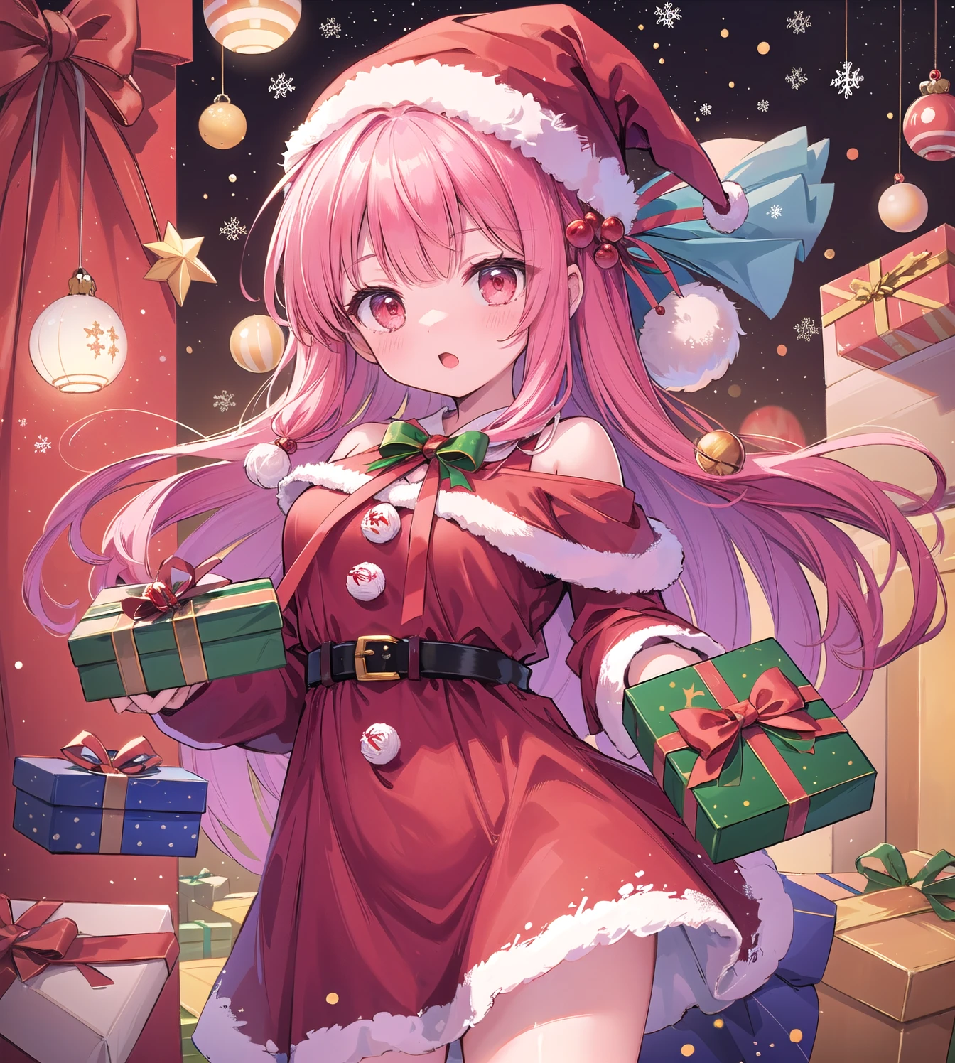 (masterpiece, Highest quality:1.2),One person, Kotonoha Akane,((Christmas gift box:1.2)),((Santa hat:1.3)),家の中,Hair ribbon paper:1.3,Black Dress,Wide sleeves,Exposing shoulders,Pink Hair