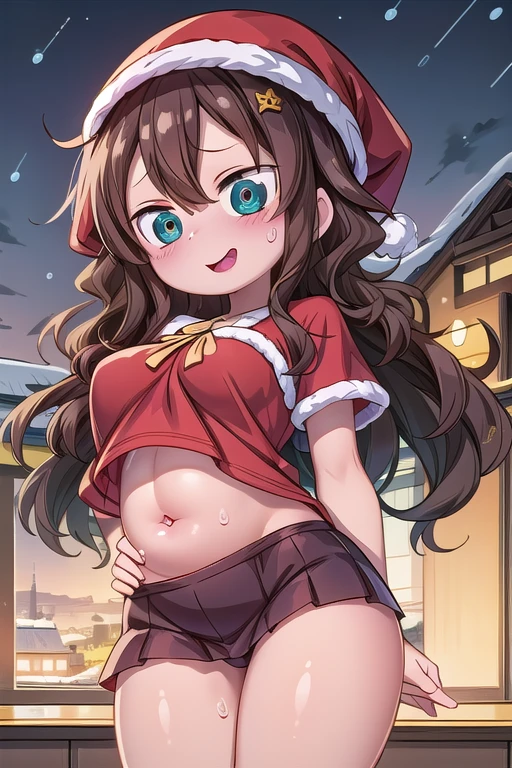  blushing, watching the spectator very happy, sweating, showing her belly, very blushed, detailed background, beautiful face,very blushed, face showing the tongue, shiny black hair, two bows of hearts, Christmas costume, sweating, Snow is falling officer,stars, detailed background, anatomy, Masterpiece, glowing eyes. Tongue out, big legs, big thighs, mostrando los senos,ojos brillantes,  Boca cerrada, sonriendo, pijamas, habitación