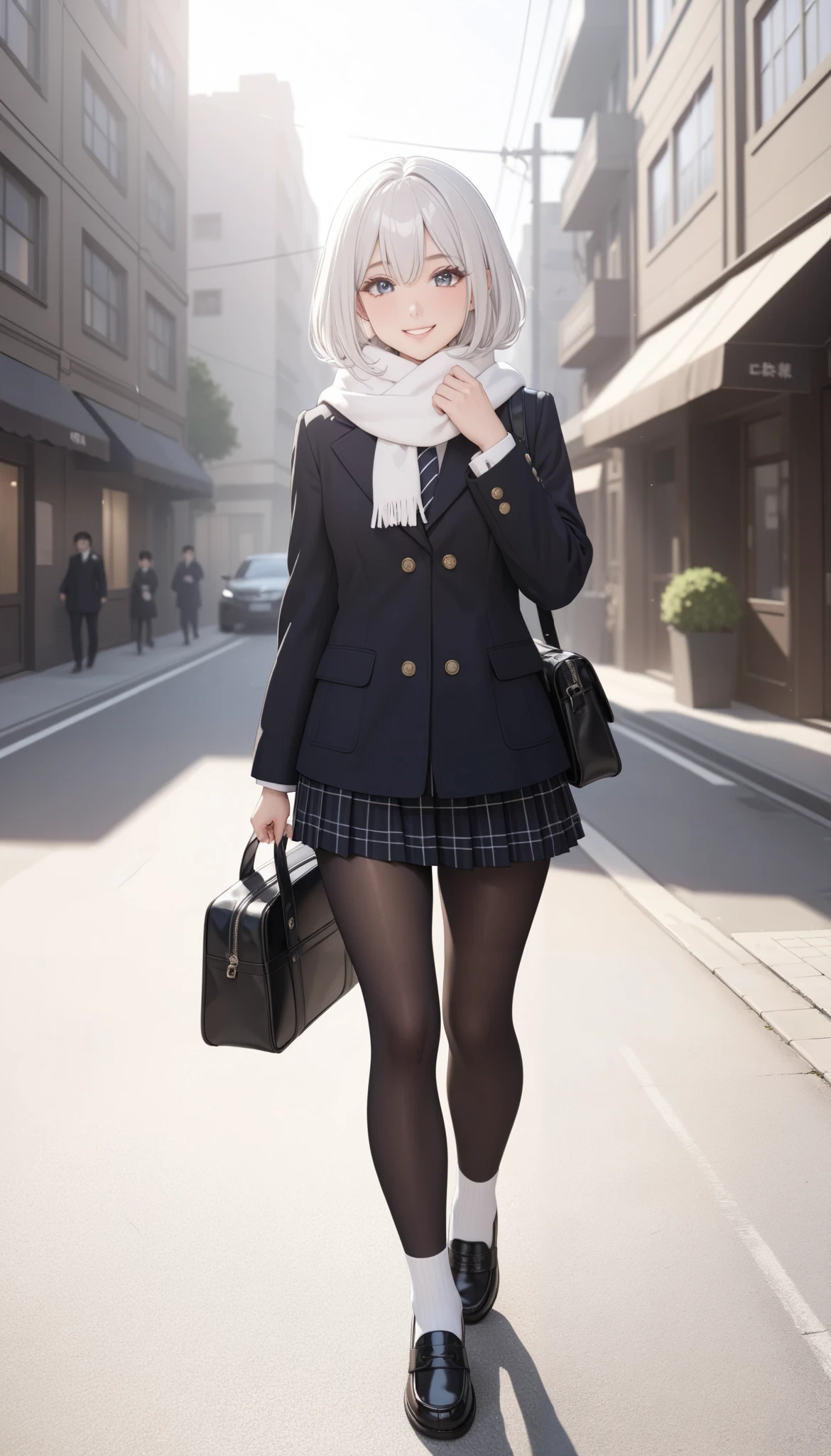 1 Japanese girl, ((shiny silver hair)), bob cut, bang between eyes, beautiful hair), (glossy silver eyes:1.5), (beautiful eyes, twinkle eyes, large eyes), (athlete body, large breasts), cute face, beautiful face, pretty face, beautiful, good anatomy, long eyelashes, expressive eyes, Perfect Hands, happy, smile, glossy lips, (close mouth:1.2), perfecteyes, BREAK 1girl, (dark-navy theme:1.3), (Wear a dark-navy duffel coat over school uniform and exposed only skirt-hem:1.4), (black and white plaid-pattern pleated skirt:1.1), ((dark-brown pantyhose, loafers):1.2), BREAK (white theme:1.3), (plaid-pattern knitted fluffy white long scarf:1.4),mini skirt, white socks, loafers, holding a black school bag, BREAK 1girl, morning, sunny, daylight, city, street, (walking street:1.5), cute pose, laugh, happy, BREAK Sketch, UHD, retina, masterpiece, high details, high quality, super detail, best quality, 4K, 8k, cute, beautiful, full body detailed, 32K, high details, perfect lighting, perfect anatomy, sharp outline, high definition, extreme illustration, ambient lights, soft light, she has an anatomically correct structure and has five fingers on each of her right hand and left hand,