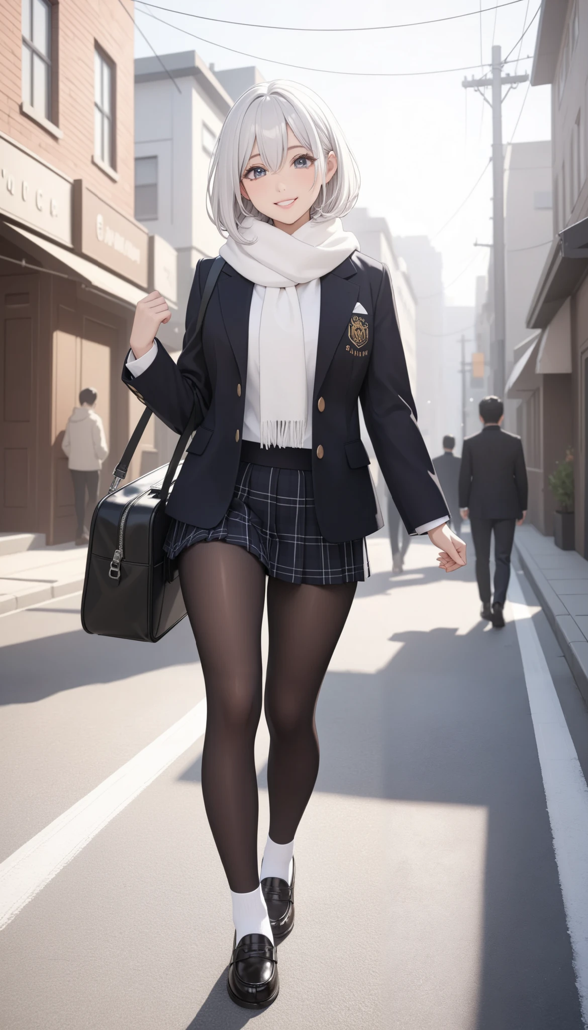 1 Japanese girl, ((shiny silver hair)), bob cut, bang between eyes, beautiful hair), (glossy silver eyes:1.5), (beautiful eyes, twinkle eyes, large eyes), (athlete body, large breasts), cute face, beautiful face, pretty face, beautiful, good anatomy, long eyelashes, expressive eyes, Perfect Hands, happy, smile, glossy lips, (close mouth:1.2), perfecteyes, BREAK 1girl, (dark-navy theme:1.3), (Wear a dark-navy duffel coat over school uniform and exposed only skirt-hem:1.4), (black and white plaid-pattern pleated skirt:1.1), ((dark-brown pantyhose, loafers):1.2), BREAK (white theme:1.3), (plaid-pattern knitted fluffy white long scarf:1.4),mini skirt, white socks, loafers, holding a black school bag, BREAK 1girl, morning, sunny, daylight, city, street, (walking street:1.5), cute pose, laugh, happy, BREAK Sketch, UHD, retina, masterpiece, high details, high quality, super detail, best quality, 4K, 8k, cute, beautiful, full body detailed, 32K, high details, perfect lighting, perfect anatomy, sharp outline, high definition, extreme illustration, ambient lights, soft light, she has an anatomically correct structure and has five fingers on each of her right hand and left hand,
