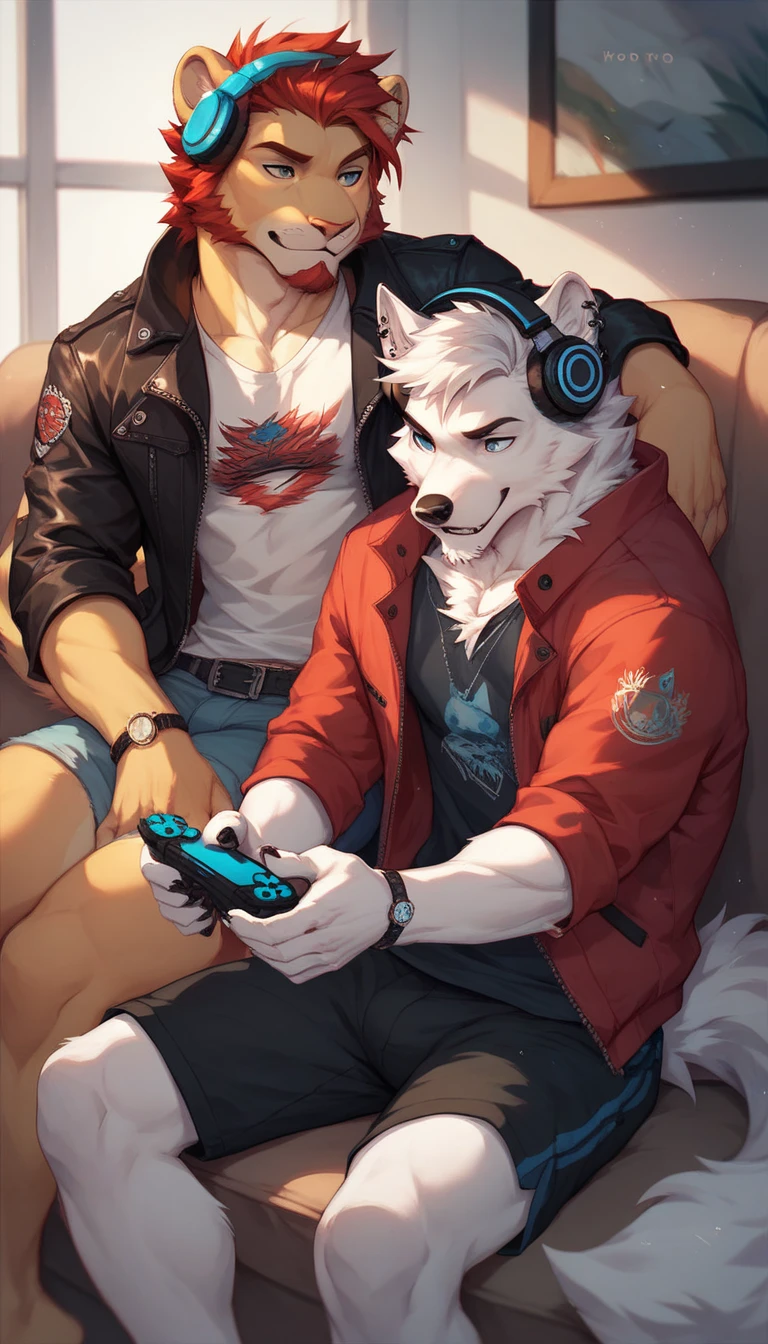 duo, male, antromorfo, An arctic fox, and a lion, short beard, with jacket, shorts, piercing, and some headphones , pose, sitting on a sofa,  playing video games,  in a simple room .