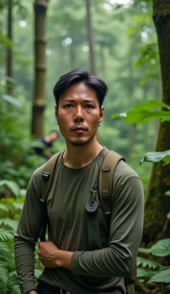 RAW photo, a portrait photo of 44-year-old male, traveler clothes, standing in the forest, natural skin, high quality, film grain, Fujifilm XT3, jojo, Photorealistic, 16k, photography, masterpiece, detailed face, detailed eyes, Black hair with gray Sporadic,