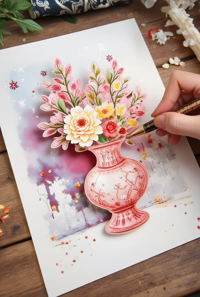  has an image ，Draw a vase， with flowers and a pen inside , watercolor详细艺术, watercolor style, watercolor画, masterful 详细的watercolor画, 详细的watercolor画 painting, 高度细致的watercolor8k, 高度详细的watercolor 8 k, watercolor杰作, 详细的watercolor画,  pink and blue tones , 丰富的watercolor画, 用明亮的watercolor画, 详细的watercolor画, watercolor.,Cardboard art engraving