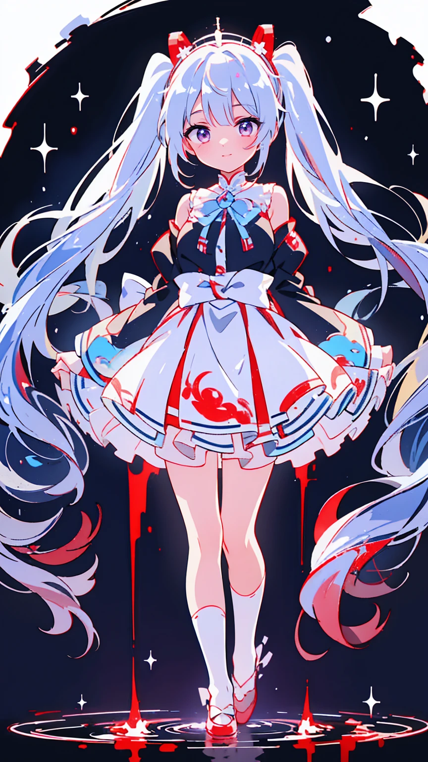 Tokyo ghoul style, woman, 22, I'm wearing 2 pigtails on my long white wavy hair,  light blue bow accessory , white and baby blue  ****Tadres,  covered in blood splashes ,  White Knee High Socks ,  wearing 2 pigtails in the long white wavy hair of a toy rabbit with stitches  , 成人woman,  mature,  gray eyes, glass, smile,  standing on top of a bloodstained  ,  black Mary Jane ,  headless doll on the ground  ,  cut stuffed animal 
