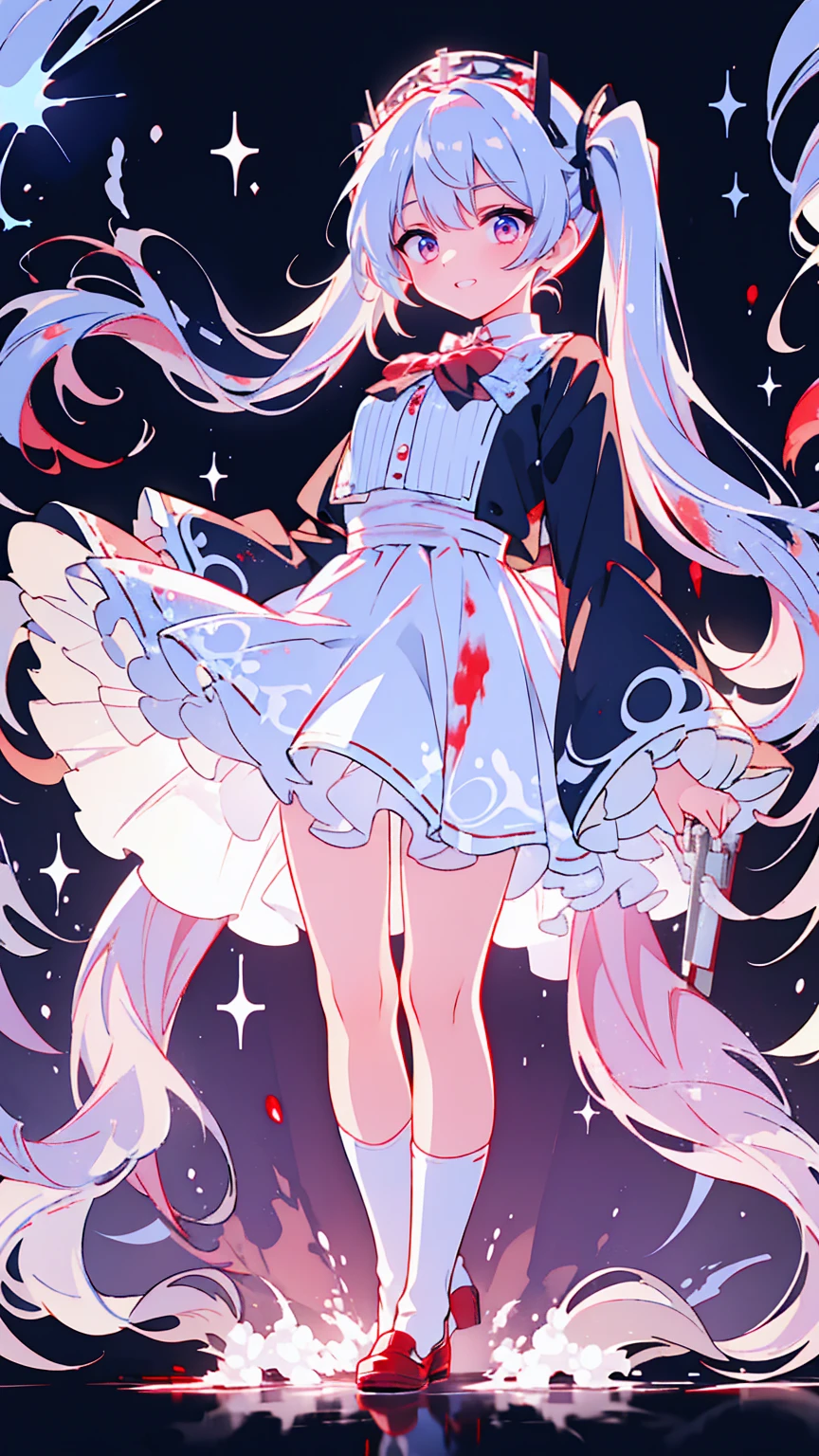 Tokyo ghoul style, woman, 22, I'm wearing 2 pigtails on my long white wavy hair,  light blue bow accessory , white and baby blue  ****Tadres,  covered in blood splashes ,  White Knee High Socks ,  wearing 2 pigtails in the long white wavy hair of a toy rabbit with stitches  , 成人woman,  mature,  gray eyes, glass, smile,  standing on top of a bloodstained  ,  black Mary Jane ,  headless doll on the ground  ,  cut stuffed animal 
