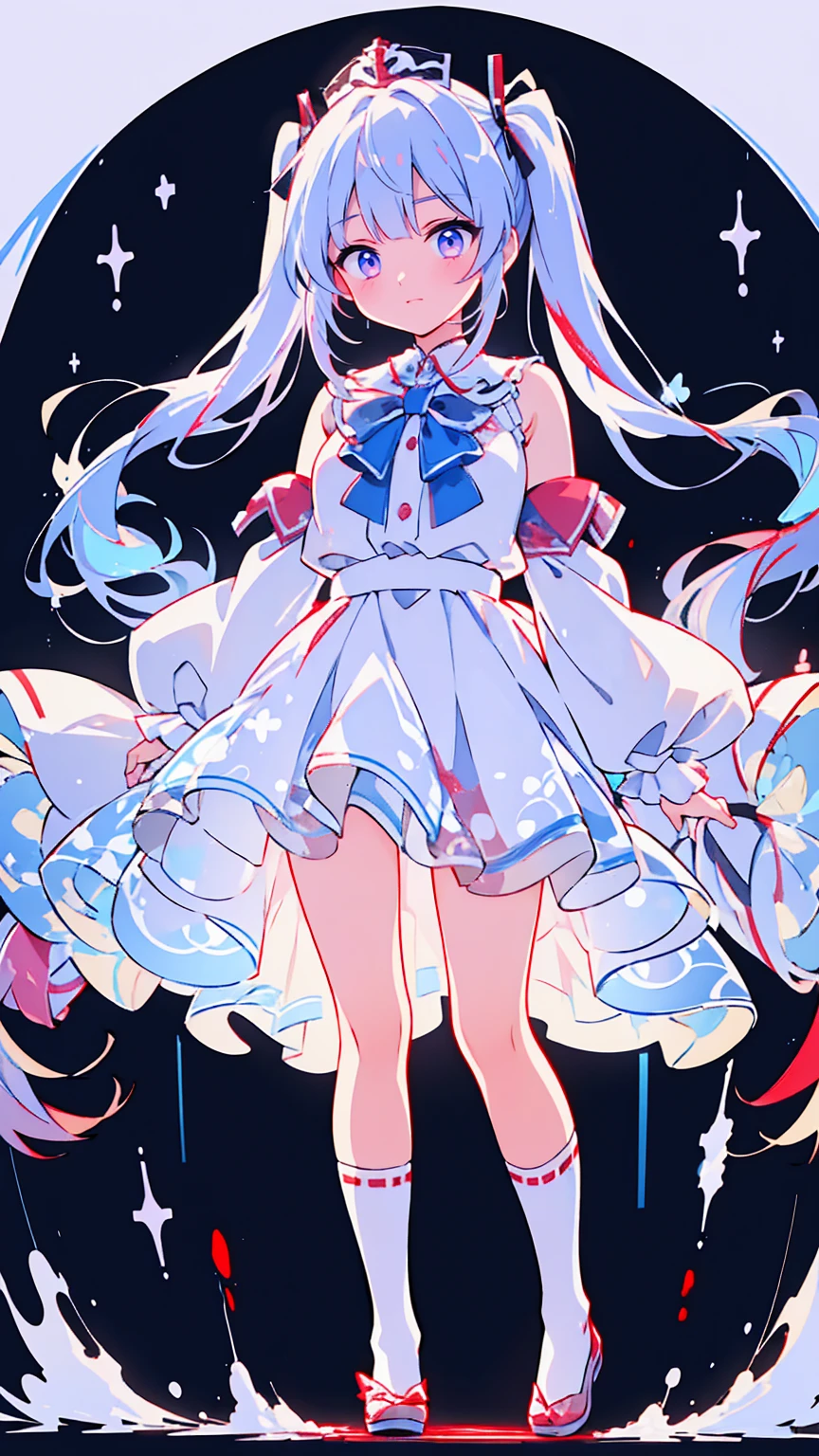 Tokyo ghoul style, woman, 22, I'm wearing 2 pigtails on my long white wavy hair,  light blue bow accessory , white and baby blue  ****Tadres,  covered in blood splashes ,  White Knee High Socks ,  wearing 2 pigtails in the long white wavy hair of a toy rabbit with stitches  , 成人woman,  mature,  gray eyes, glass, smile,  standing on top of a bloodstained  ,  black Mary Jane ,  headless doll on the ground  ,  cut stuffed animal 
