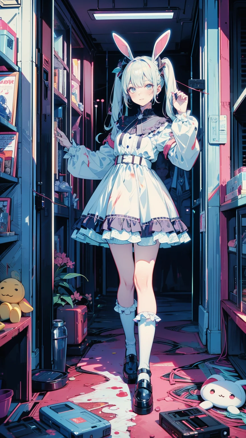 Tokyo ghoul style, woman, 22, I'm wearing 2 pigtails on my long white wavy hair,  light blue bow accessory , white and baby blue  ****Tadres,  covered in blood splashes ,  White Knee High Socks ,  wearing 2 pigtails in the long white wavy hair of a toy rabbit with stitches  , 成人woman,  mature,  gray eyes, glass, smile,  standing on top of a bloodstained  ,  black Mary Jane ,  headless doll on the ground  ,  cut stuffed animal 
