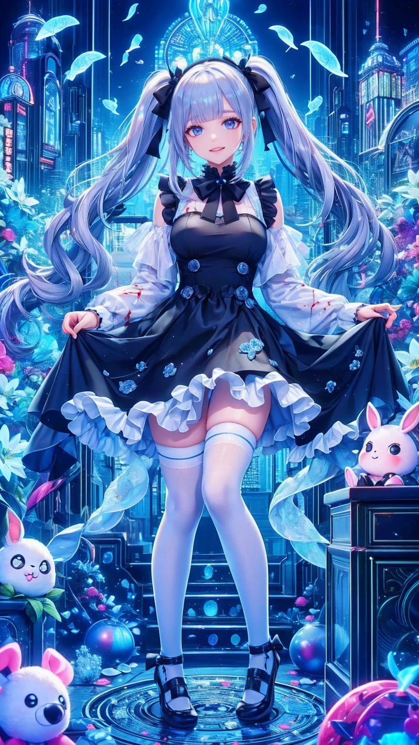 Tokyo ghoul style, woman, 22, I'm wearing 2 pigtails on my long white wavy hair,  light blue bow accessory , white and baby blue  ****Tadres,  covered in blood splashes ,  White Knee High Socks ,  wearing 2 pigtails in the long white wavy hair of a toy rabbit with stitches  , 成人woman,  mature,  gray eyes, glass, smile,  standing on top of a bloodstained  ,  black Mary Jane ,  headless doll on the ground  ,  cut stuffed animal 
