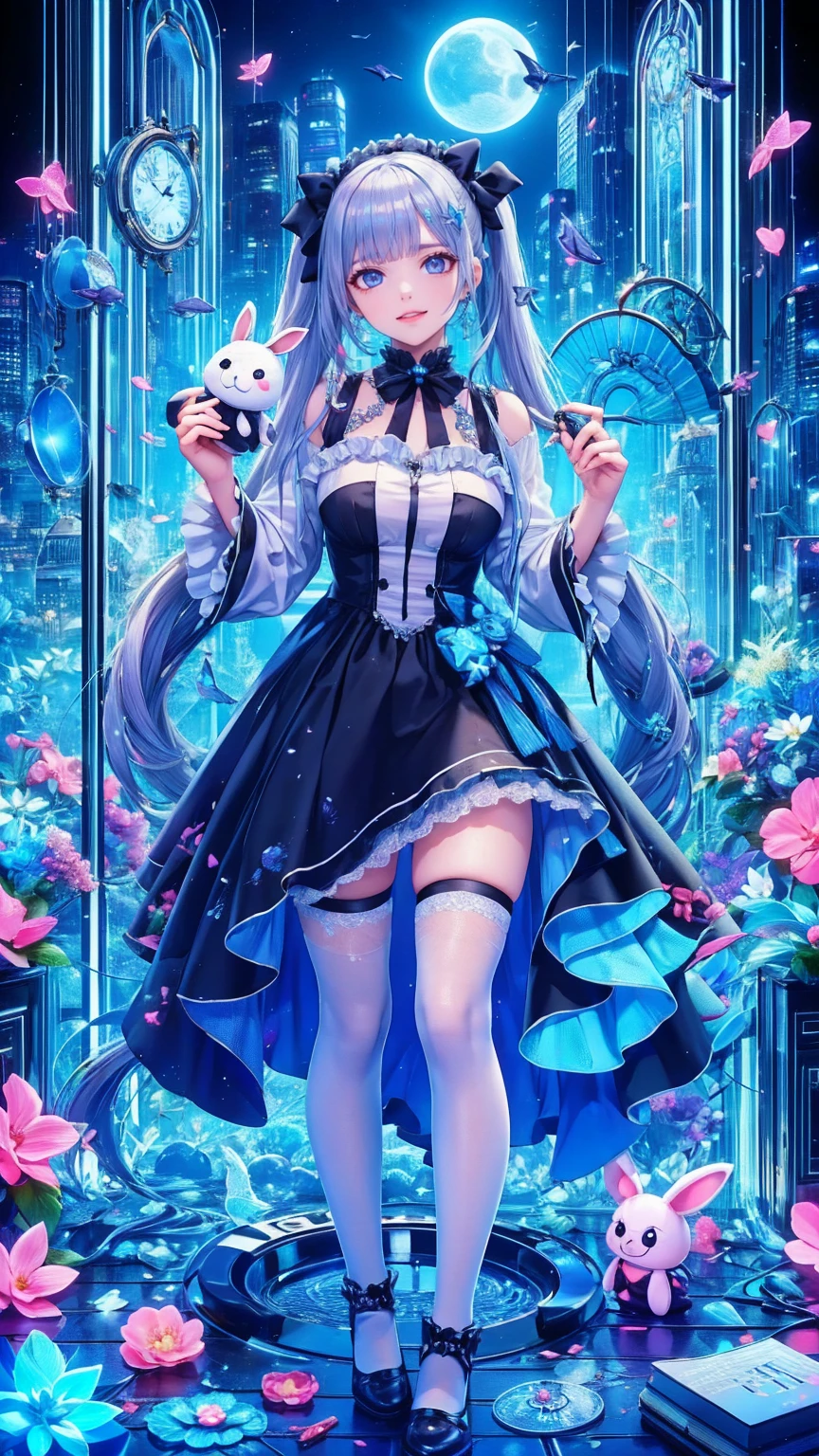 Tokyo ghoul style, woman, 22, I'm wearing 2 pigtails on my long white wavy hair,  light blue bow accessory , white and baby blue  ****Tadres,  covered in blood splashes ,  White Knee High Socks ,  wearing 2 pigtails in the long white wavy hair of a toy rabbit with stitches  , 成人woman,  mature,  gray eyes, glass, smile,  standing on top of a bloodstained  ,  black Mary Jane ,  headless doll on the ground  ,  cut stuffed animal 
