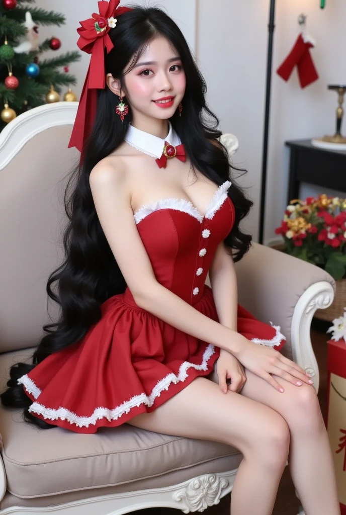 Japanese Idol，Fat， beautiful eyes， red face ，Smile，teeth，An affectionate gaze at ， long black hair+ red ribbon， bell collar，Alone，Elegant sitting on the couch , sock，  Christmas,  Christmas ornaments ,  colorful, Colored bulbs, Movie,  sexy red tight dress+white raw edge decoration
