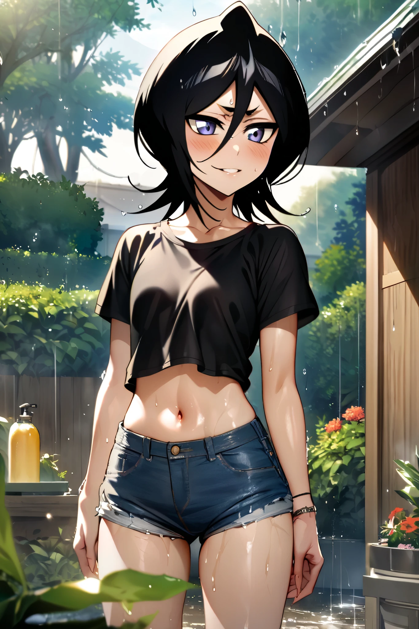 NSFW,masterpiece, top quality , high definition , very detailed, Kuchiki Rukia \(BLEACH\), short hair, black hair、 hair between eyes, Casual , crop top, Denim Shorts,blush,smile,garden,It's falling after the rain, wet, is transparent