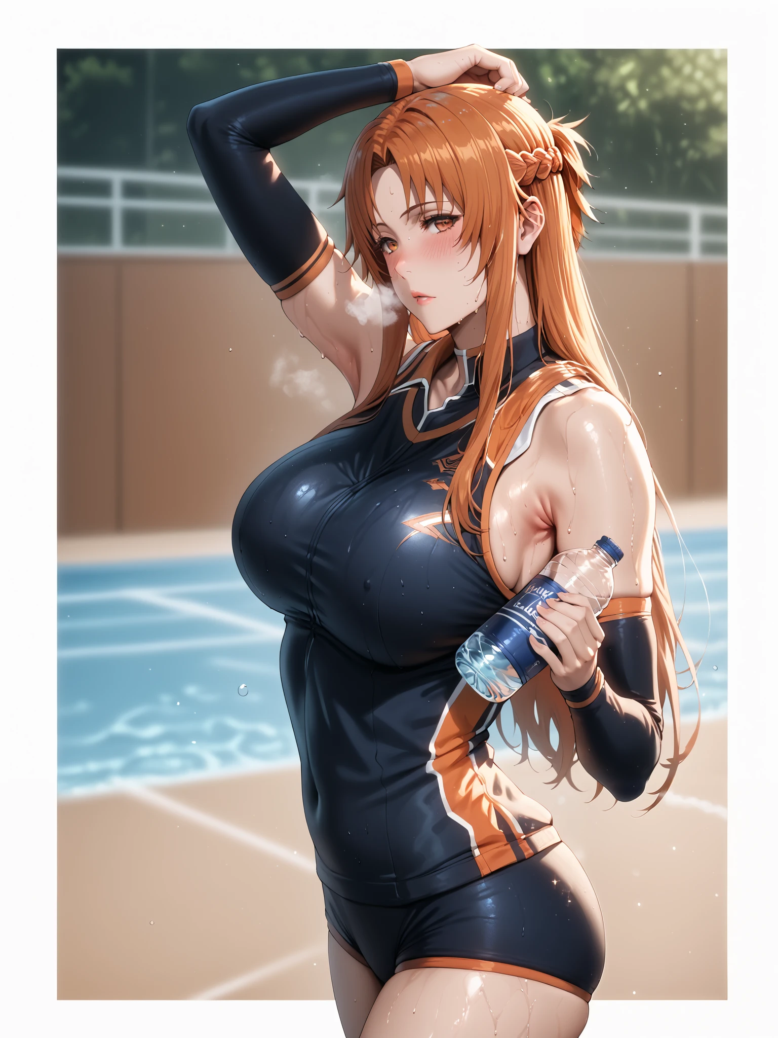 score_9, score_8_up, score_7_up, score_6_up, uncensored, asuna yuuki from sword art online, orange hair, long hair, fold, orange eyes, (skindentation:1.2), (thick:1.2), BREAK (perfect hands, perfect anatomy), beautiful detailed eyes, beautiful detailed lips, extremely detailed face and portrait, elegant expression, soft warm lighting, volumetric lighting, cinematic composition, detailed environment, lush garden, vibrant colors, intricate details, masterpiece, high resolution, digital painting, excessive sweating, sweating profusely, sweating drop, gasping, heavy breathing, hollow eyes BREAK, large breasts, bottle, towel, sweating, solo, blurry, blurry_background, breasts, water_bottle, blush, armpits, holding_bottle, volleyball_uniform, sleeveless, looking_at_viewer, sportswear, gasping, heavy breathing, tired
