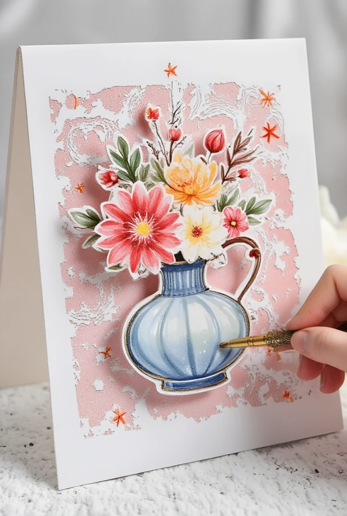  has an image ，Draw a vase， with flowers and a pen inside , watercolor详细艺术, watercolor style, watercolor画, masterful 详细的watercolor画, 详细的watercolor画 painting, 高度细致的watercolor8k, 高度详细的watercolor 8 k, watercolor杰作, 详细的watercolor画,  pink and blue tones , 丰富的watercolor画, 用明亮的watercolor画, 详细的watercolor画, watercolor.,Cardboard art engraving