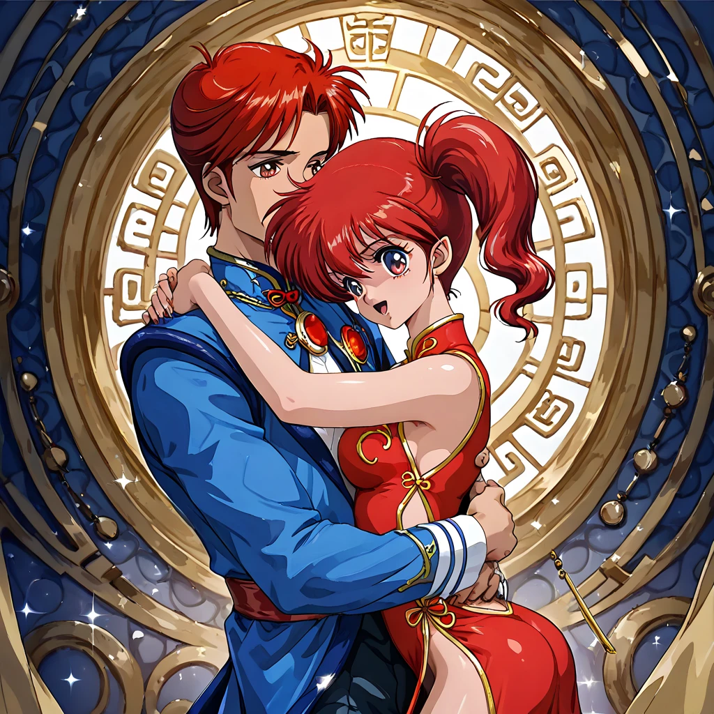 (( top quality )), ((masterpiece)), ( Details), （ perfect face）、Yoko Asagiri, who has red hair, wears a gorgeous and sexy Chinese red Chinese dress with gold embroidery and edging, and they love each other by hugging a middle-aged Chinese man and having seeded sex with a large amount of 