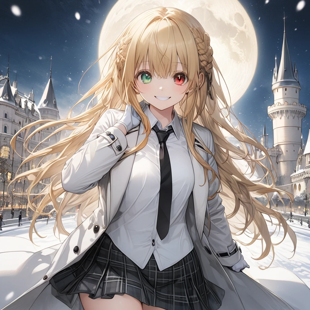 ( 1 girl), ,heterrochromia, green eye ,red eye,blonde hair,  long hair, french braid,(smile:1.5)、blush, (long sidelocks:1.5), ,( small tits:1.5),( white overcoat :1.5)、( white button shirt:1.5),(black plain tie :1.5),( black plaid mini skirt:1.5),(white thigh high :1.5)、gloves、,snow,night、moon、 European castle promenade、front、(whole body:1.5)、( perfect anatomy ),( best quality), ( ultra hi-res), (超 high definition ), ( Highly Detailed CG), (32K), (masterpiece)、eyesHD