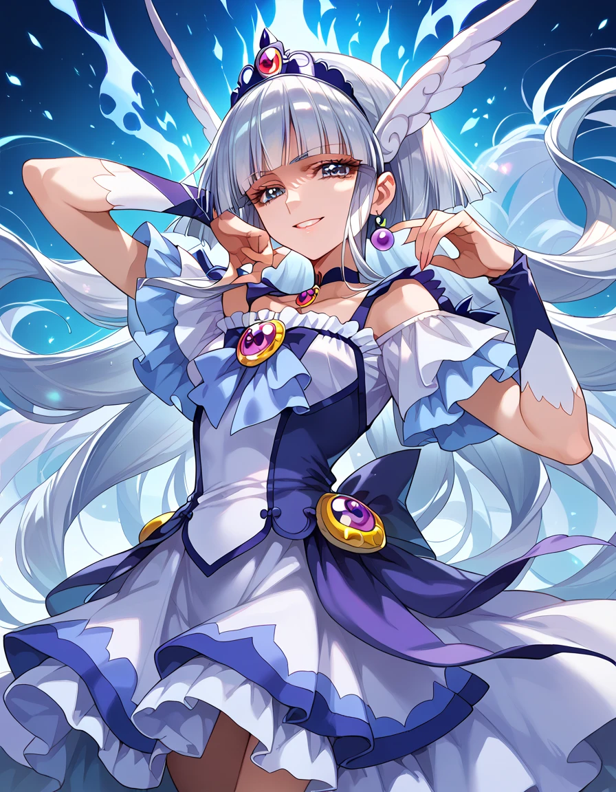  detailed background,  pubic skin,  pose, rating safe,  Half-open eyes, enchanting evil smile  , cure beauty ,,(  very beautiful anime style:1.2),(  Silver Hair),( Evil Aura :1.2)