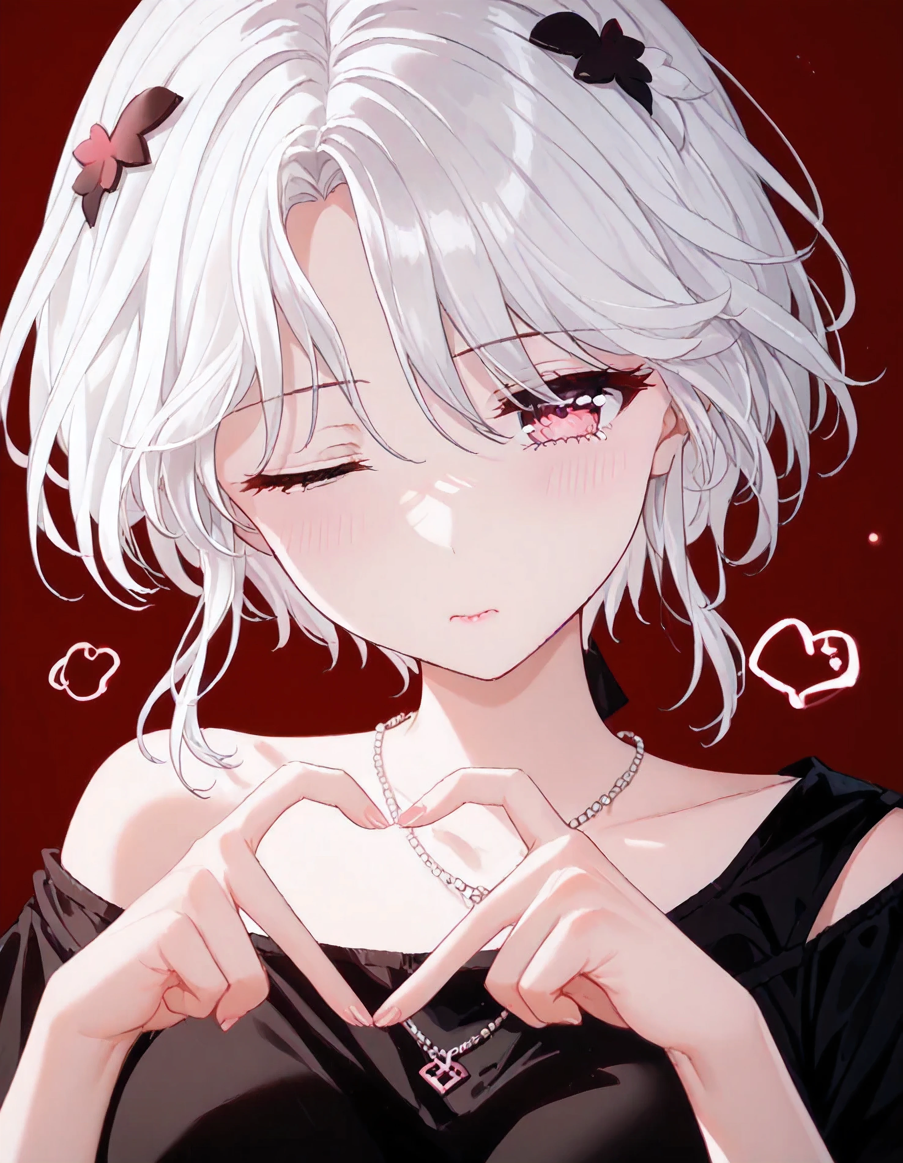 UN\(EOE\),one girl,solo,best quality, masterpiece, ,,break,1girl,(dark red background), (weak Lighting),,break, super detailed skin,very high resolution, very aesthetic,by famous artist, 8k, 16k,,best wallpaper,beauty illustration,photoshop_(small),,(pink eyes:1.2,one eye closed),(white hair|Detailed hair|short hair|curtained hair),(pure black top shirt,clear shirt,short shirt,one off shoulder),POV,(sleepy, jitome),pink lipstick,V hair ornament,(heart fingers, heart hands,),4-Fingers,4-finger heart hands, heart hands