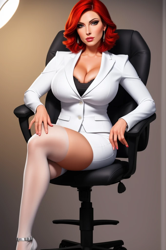 high quality,resolution:8k,realistic,Carolyn Dunn,red hair,bobcut,beautiful detailed eyes,beautiful detailed lips,white suit,pencil skirt,high heels,vivid colors,portraits,studio lighting, sitting, office chair, stockings