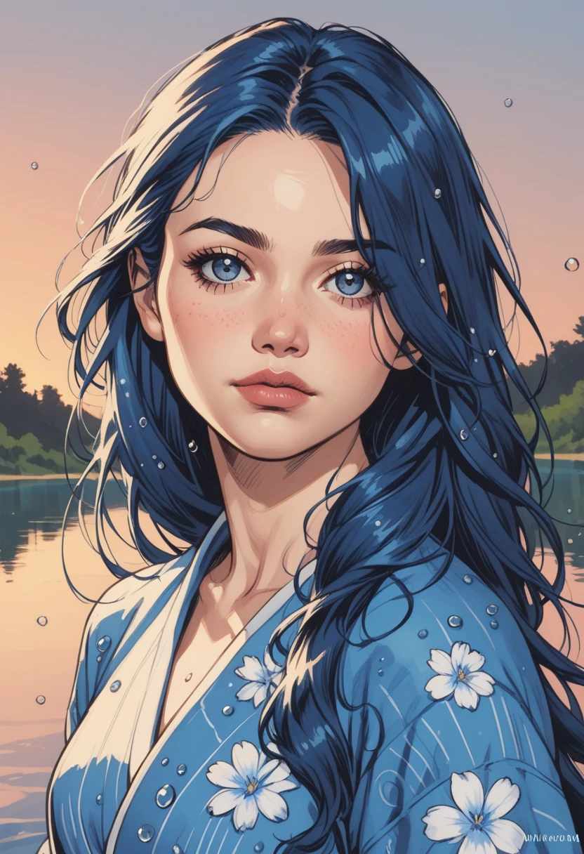 score_9, score_8_up, score_7_up, Western Comics, Portrait, girl, cute, seductive, innocent, light smile:0.3, plump lips, slender body, floating blue hair, long hair, water:0.7, waterdrop, wet, high detailed blue kimono texture, intricate pattern, ultra detailed, textured clothing, softlight passing through hair, sunset, lake background, depth of field, dynamic angle, fashion photography, sharp, hyperdetailed:1.15