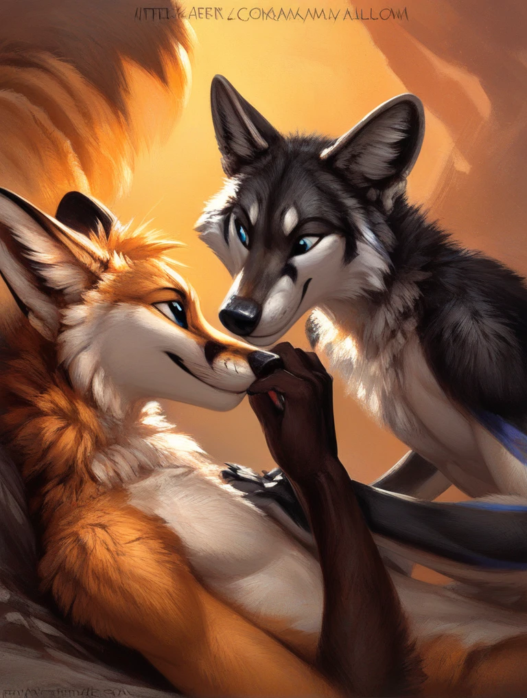 score_9, score_8_up, score_7_up, source_furry, rating_safe, by kenket, anthro, duo, male/male, wolf, black body, blue eyes, fox, white body, doggy style, on back, face to face, holding hands, legs, determination, amusement, fullbody portrait, strong, meaty
