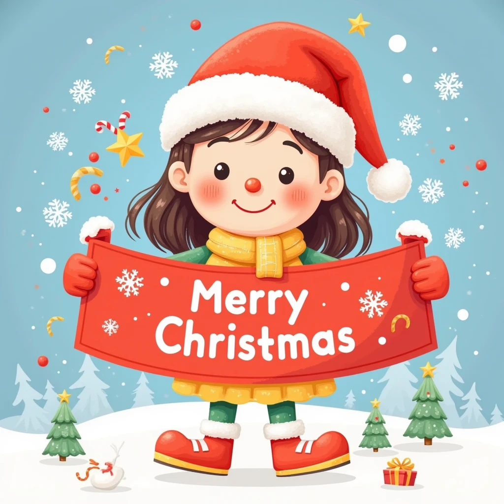 design vector, flat logo of gril holding a large red banner with the inscription "Merry Christmas",  simple shapes, cute cartoon style,  vector graphics. snowflake
