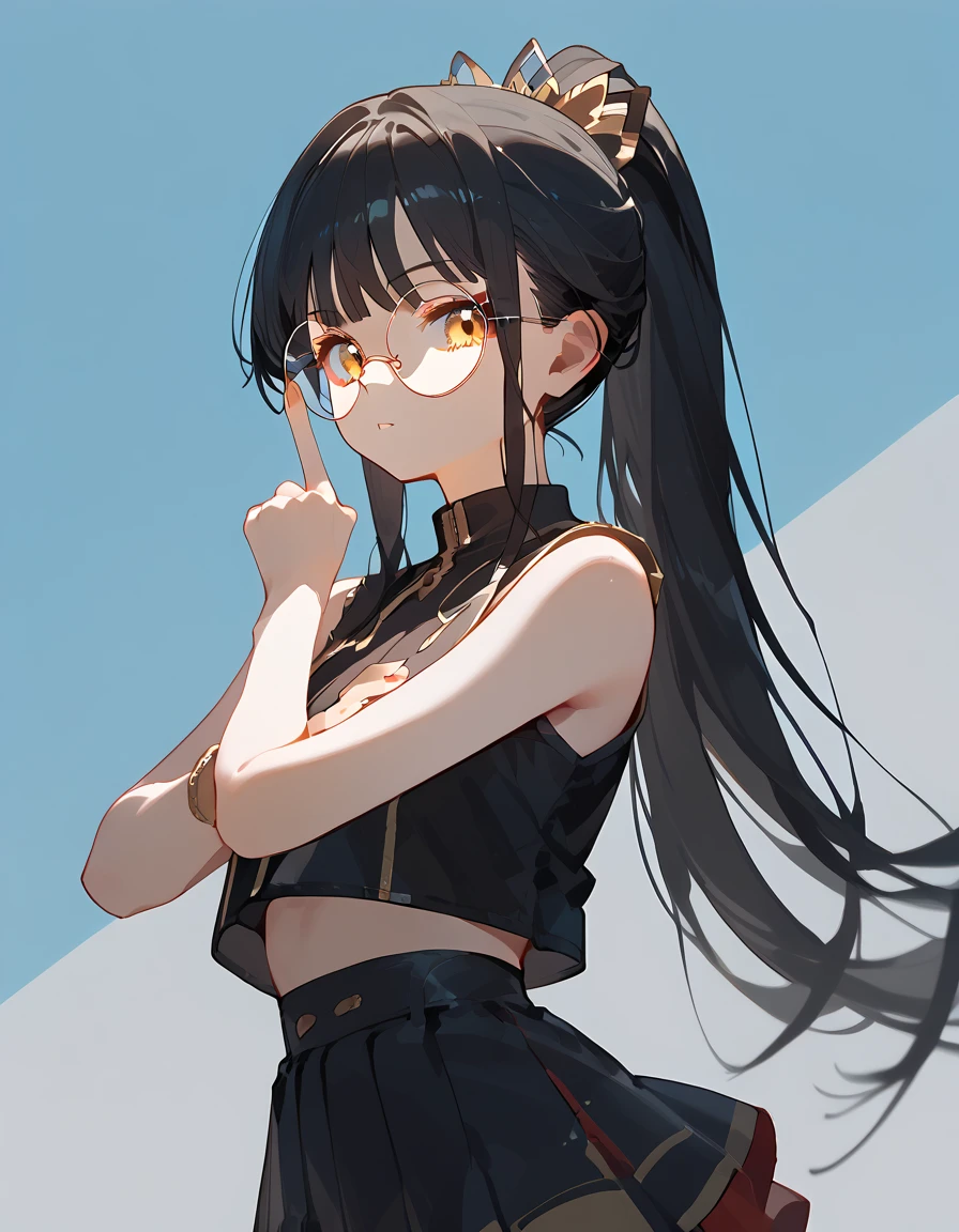 alone,girl,Black blonde hair,Bangs,girlบาร์, ,สวมRound glassesดำ,Long hair,Black hair ends, in golden bronze eyes,Black hair ends, Black Sleeveless Top, Black Skirt ,Sit, clap your hands,Round glasses,  Ponytail, Finger gun,girlสวย