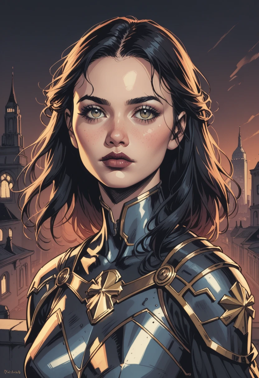 score_9, score_8_up, score_7_up, Western Comics, Portrait, girl, gothic, cute, seductive, innocent, light smile:0.3, plump lips, slender body, dark tones, dramatic lighting, high contrast, medieval theme, gold ornate, mysterious, detailed armor, cyberpunk elements, cityscape, atmospheric, dark mood, haunting beauty, sharp shadows, textured, gold embedded, depth of field, dynamic angle, fashion photography, sharp, hyperdetailed:1.15