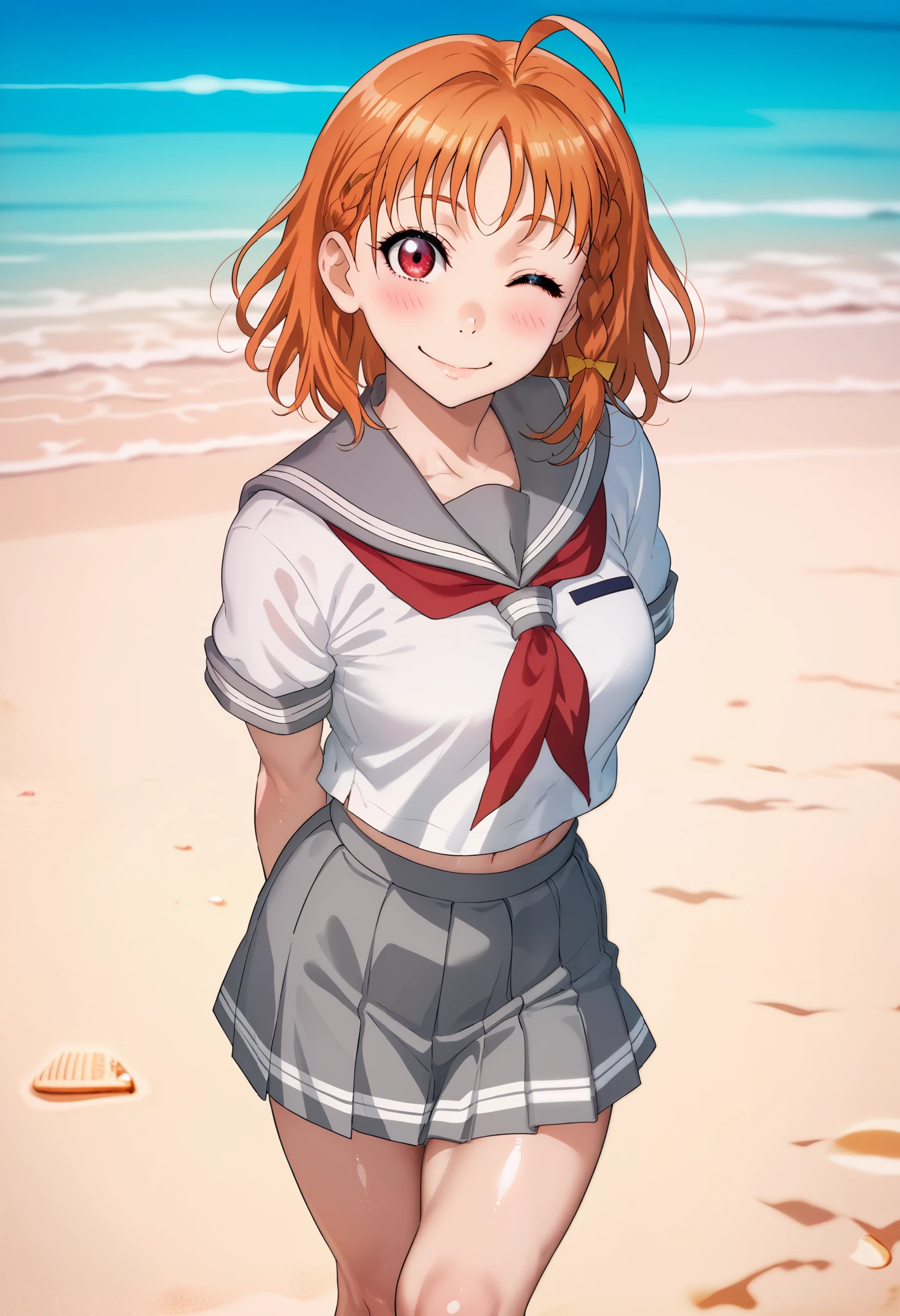 1girl, takami chika, medium hair, orange hair, standing, sporty athletic build, sharp lines, vibrant colors, breasts outlines, (sexualized:1.3), RUKIA Style, shiny skin, ahoge, blush, braid, grey sailor collar, grey skirt, skirt around thighs,looking at viewer, red eyes, red neckerchief, sailor collar, serafuku, shirt, short sleeves, side braid, smile, solo, split mouth, summer uniform, uranohoshi school uniform, white shirt, yellow bow, standing on beach, playful pose, light breeze, flowing hair,  beach setting,arms behind back,one eye closed