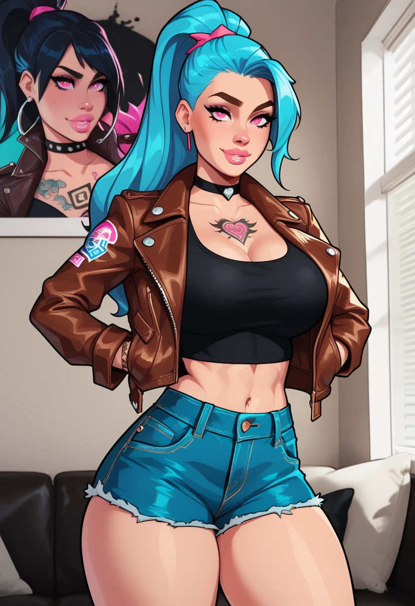     graphic novel style     , a woman,    bright light blue hair ponytail  ,,  ,(   pink eyes,perfect  ).    leaning .   She has a feminine and sensual body with thick thighs,    fine winding   ,     Big breasts     .(   she wears a brown leather jacket  ,   black top and short and tight denim shorts  ), highlighted and tattooed legs     .    The portrait features a sexy   ,  standing,messing with hair ,in a room, vibrant colors . Award Winning Illustration.    shadow and light    .light dark.