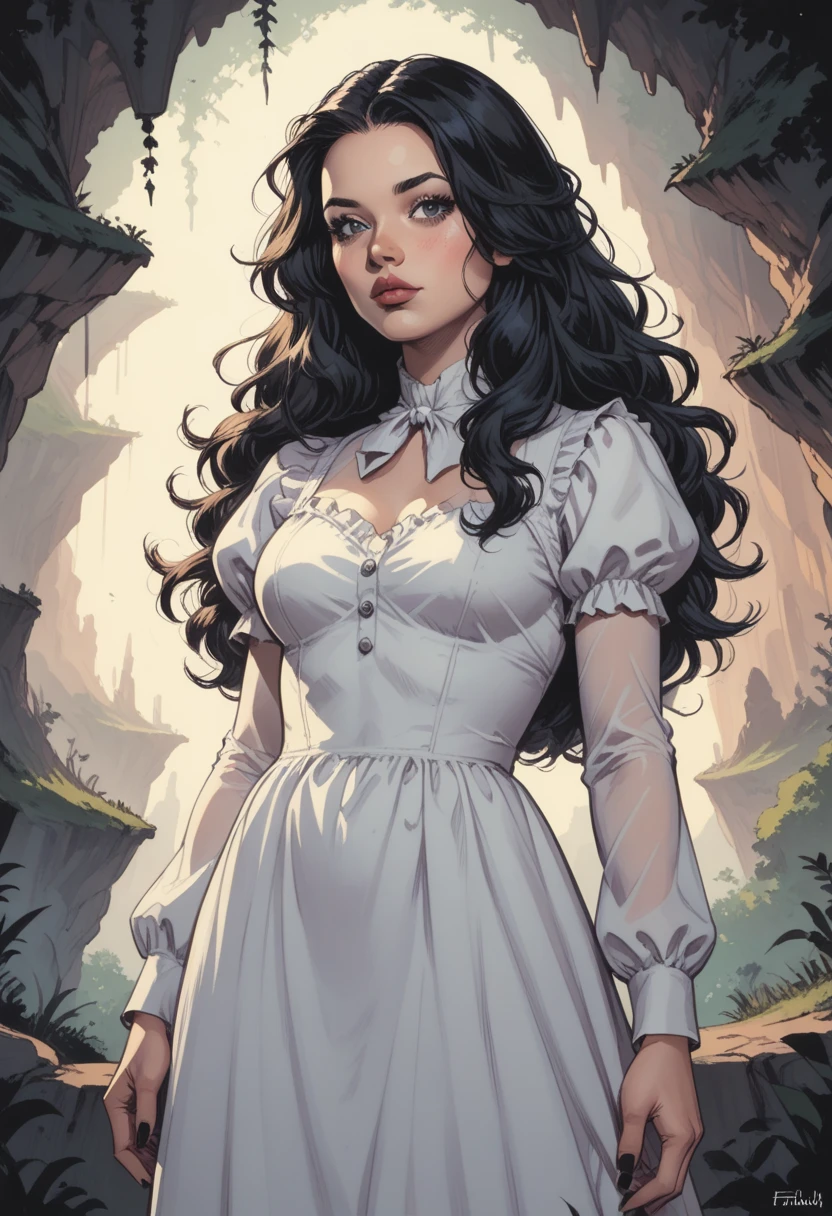 score_9, score_8_up, score_7_up, Western Comics, Cowboy Shot, girl, cute, seductive, innocent, light smile:0.3, plump lips, slender body, multicolored hair, wild hair, in gothic white dress, mane, Cave Background, depth of field, dynamic angle, fashion photography, sharp, hyperdetailed:1.15