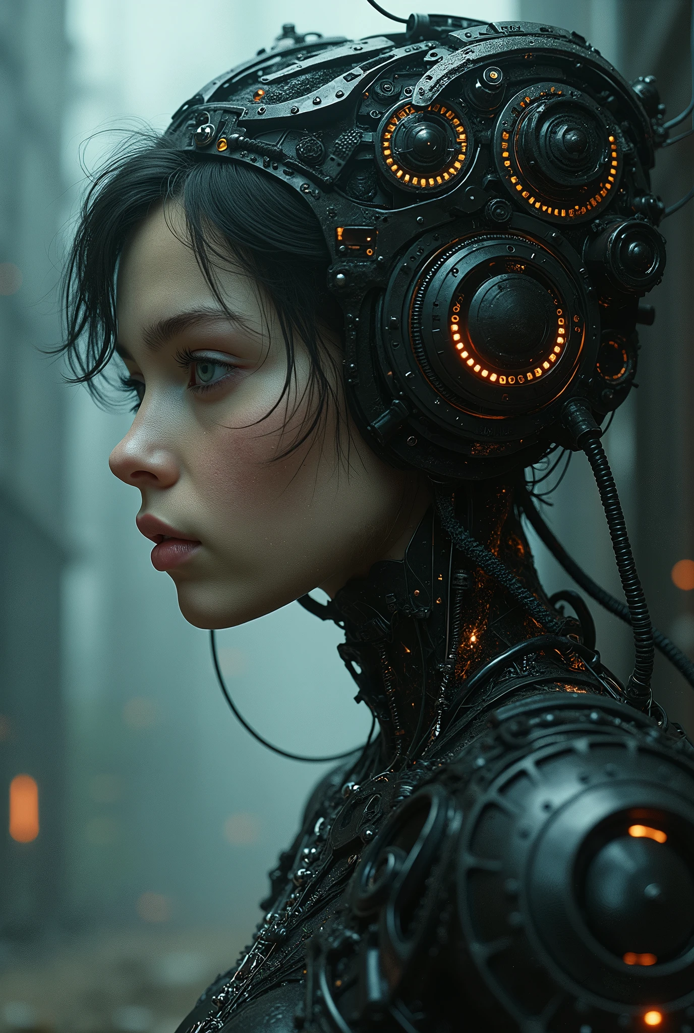 [Pai puts daughter inside animatronic], [A father puts his daughter's consciousness into an animatronic body], [A dimly-lit laboratory, full of wires, dials, and robotic parts], [Somber], [Foreboding], [A harsh white light illuminates the room, casting sharp shadows and highlighting the sterile environment]
