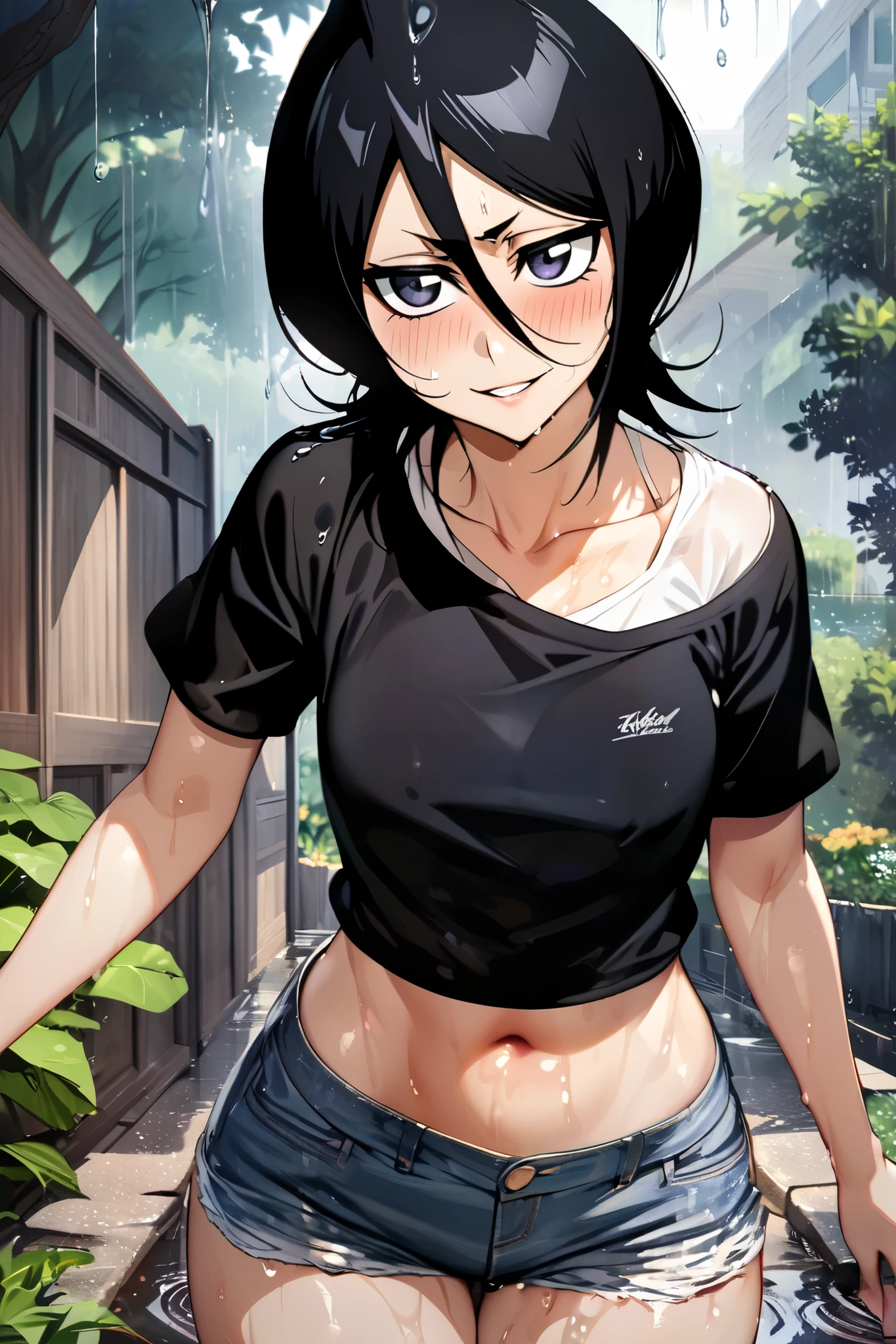 NSFW,masterpiece, top quality , high definition , very detailed, Kuchiki Rukia \(BLEACH\), short hair, black hair、 hair between eyes, Casual , crop top, Denim Shorts,blush,smile,garden,It's falling after the rain, wet, is transparent,A seductive look