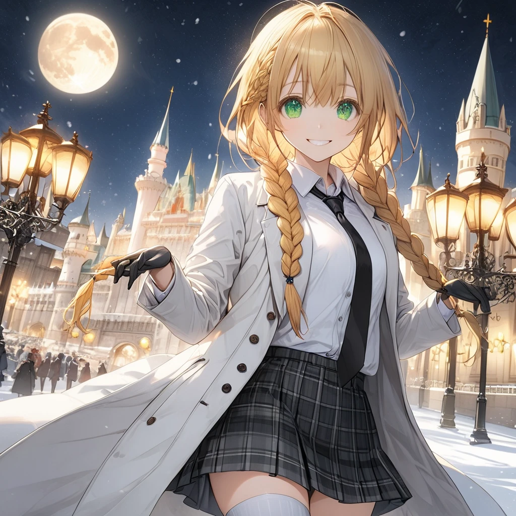 ( 1 girl), ,heterrochromia, green eyes , orange eyes ,blonde hair,  long hair, (smile:1.5)、blush, (long braid sidelocks:1.5), ,( small tits:1.5),( white overcoat :1.5)、( white button shirt:1.5),(black plain tie :1.5),( black plaid mini skirt:1.5),(white thigh high :1.5)、gloves、,snow,night、moon、 European castle promenade、front、(whole body:1.5)、( perfect anatomy ),( best quality), ( ultra hi-res), (超 high definition ), ( Highly Detailed CG), (32K), (masterpiece)、eyesHD