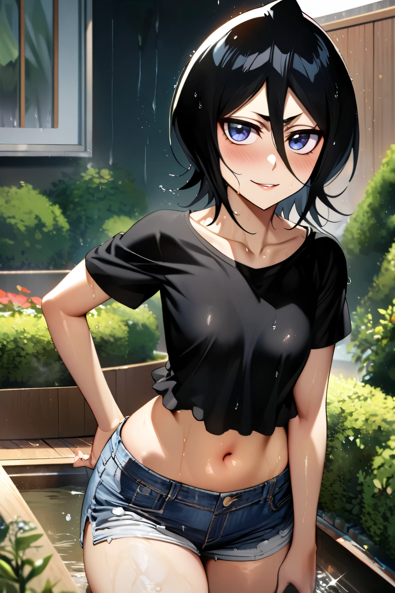 NSFW,masterpiece, top quality , high definition , very detailed, Kuchiki Rukia \(BLEACH\), short hair, black hair、 hair between eyes, Casual , crop top, Denim Shorts,blush,smile,garden,It's falling after the rain, wet, is transparent,A seductive look