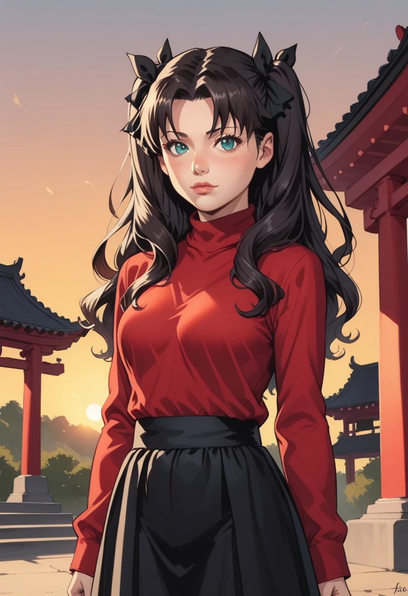 score_9, score_8_up, score_7_up, Western Comics, Cowboy Shot, Rin Tohsaka, cute, seductive, innocent, light smile:0.3, plump lips, slender body, aqua eyes, long wavy black hair, twin tails tied with black ribbons, red turtleneck, black skirt, sunset, buddhist temple background, depth of field, dynamic angle, fashion photography, sharp, hyperdetailed:1.15