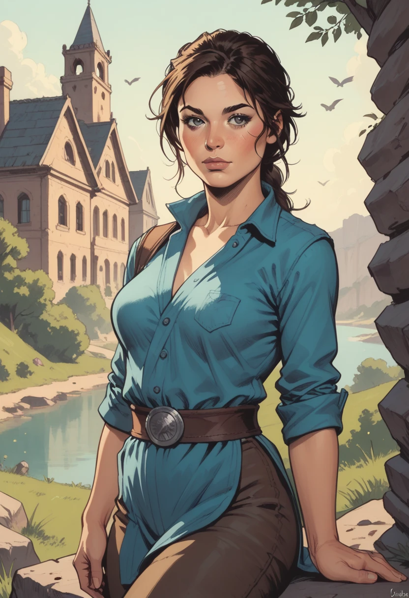 score_9, score_8_up, score_7_up, Western Comics, Cowboy Shot, Lara Croft, adventurer, cute, seductive, innocent, light smile:0.3, plump lips, slender body, her hair billowing in the wind, studies an ancient map while sitting on rocks and enjoying the stunning view, depth of field, dynamic angle, sharp, hyperdetailed:1.15